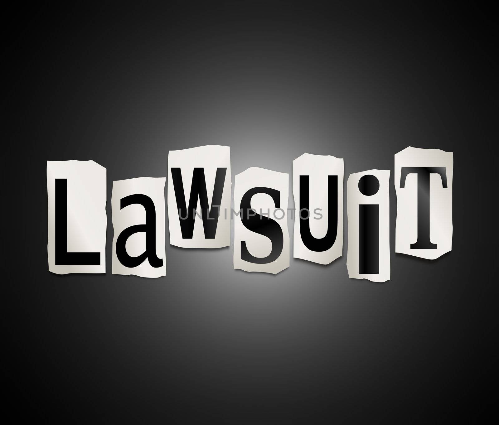 Illustration depicting cutout printed letters arranged to form the word lawsuit.