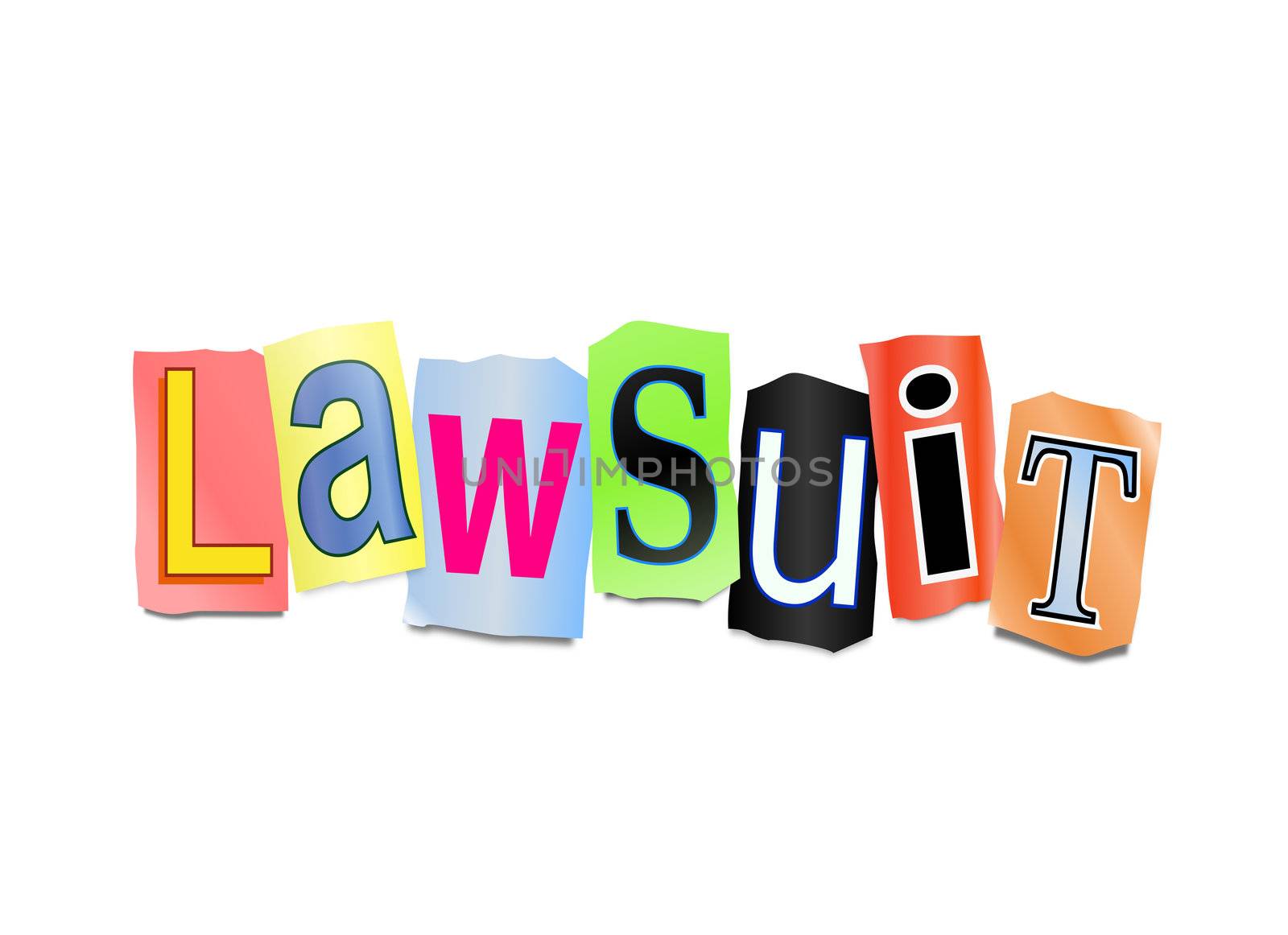 Illustration depicting cutout printed letters arranged to form the word lawsuit.