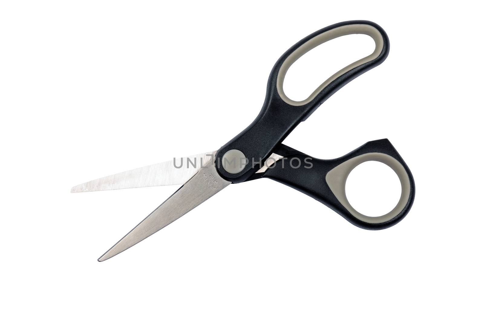 Black office scissors isolated on white background. Full frame studio shot.