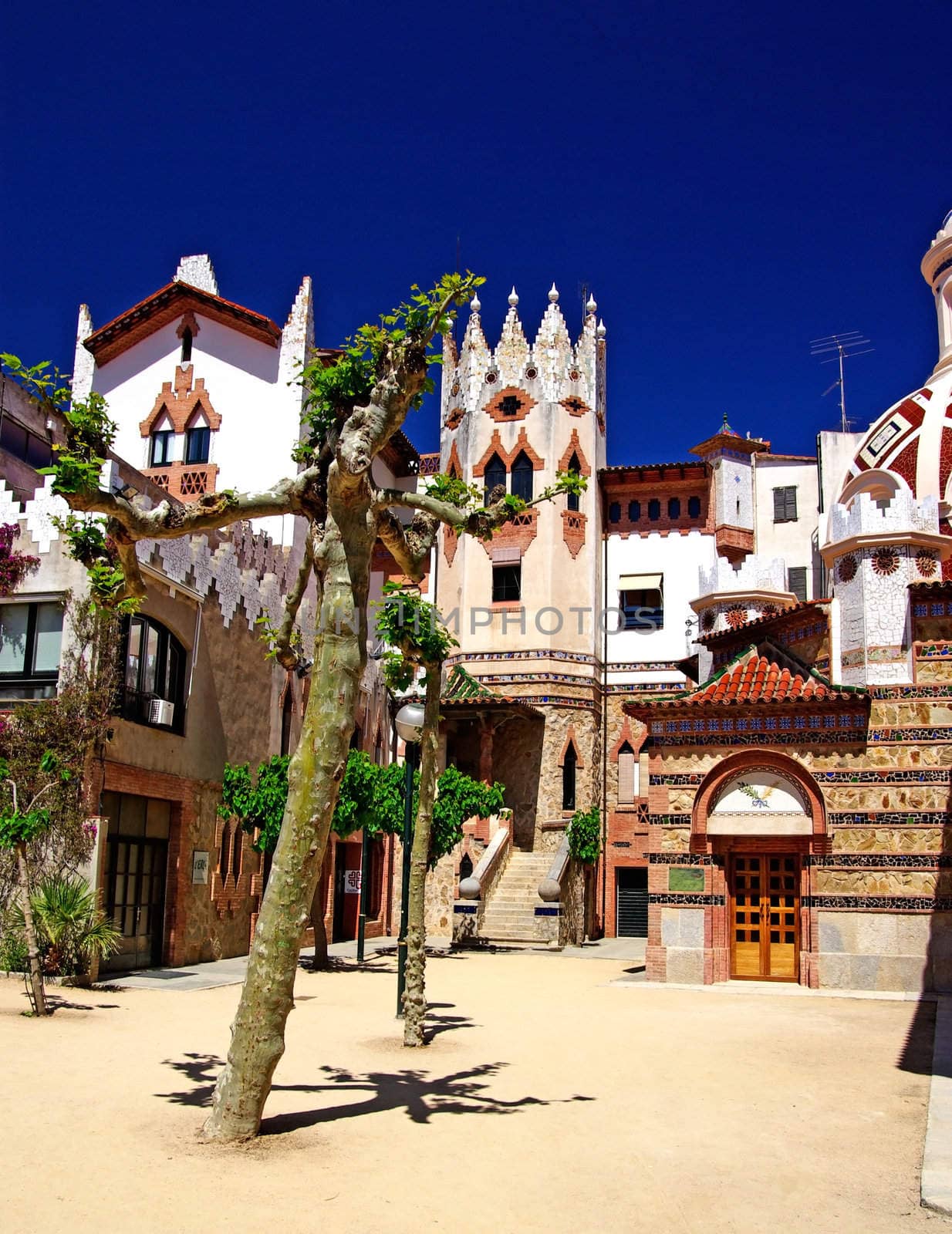 Church with beautiful architecture and garden. Lloret de Mar, Costa Brava, Spain.