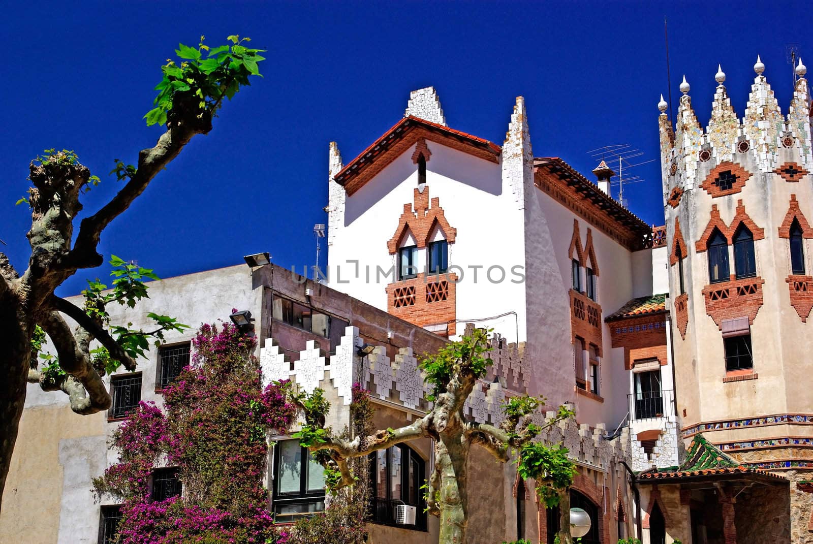 Church with beautiful architecture and garden. Lloret de Mar, Costa Brava, Spain.