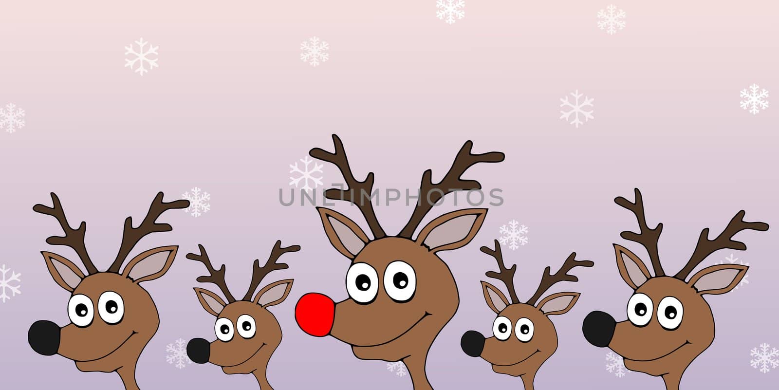 Illustration of Reindeer over a snowing background with Rudolph at the front