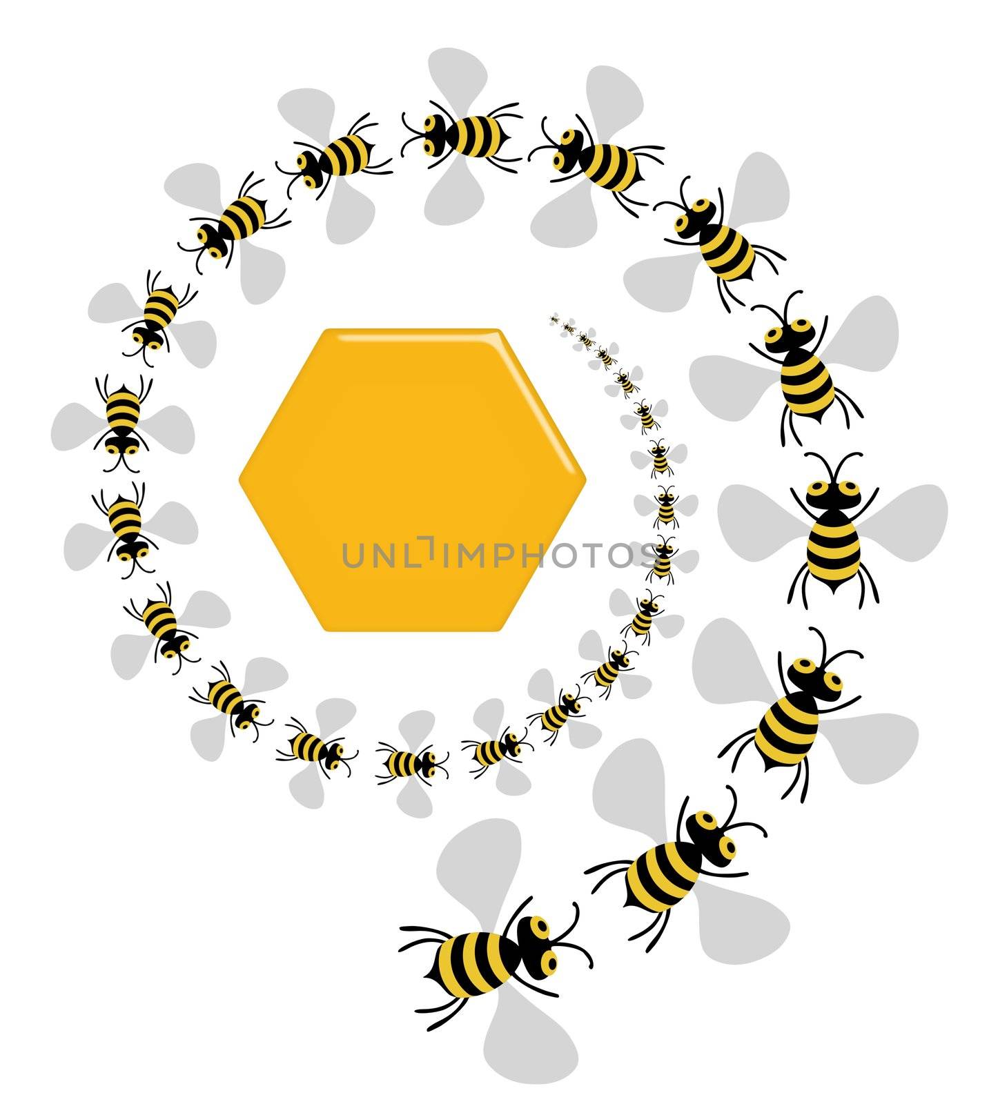 Illustration of lots of bees spiralling into the middle of a honeycomb