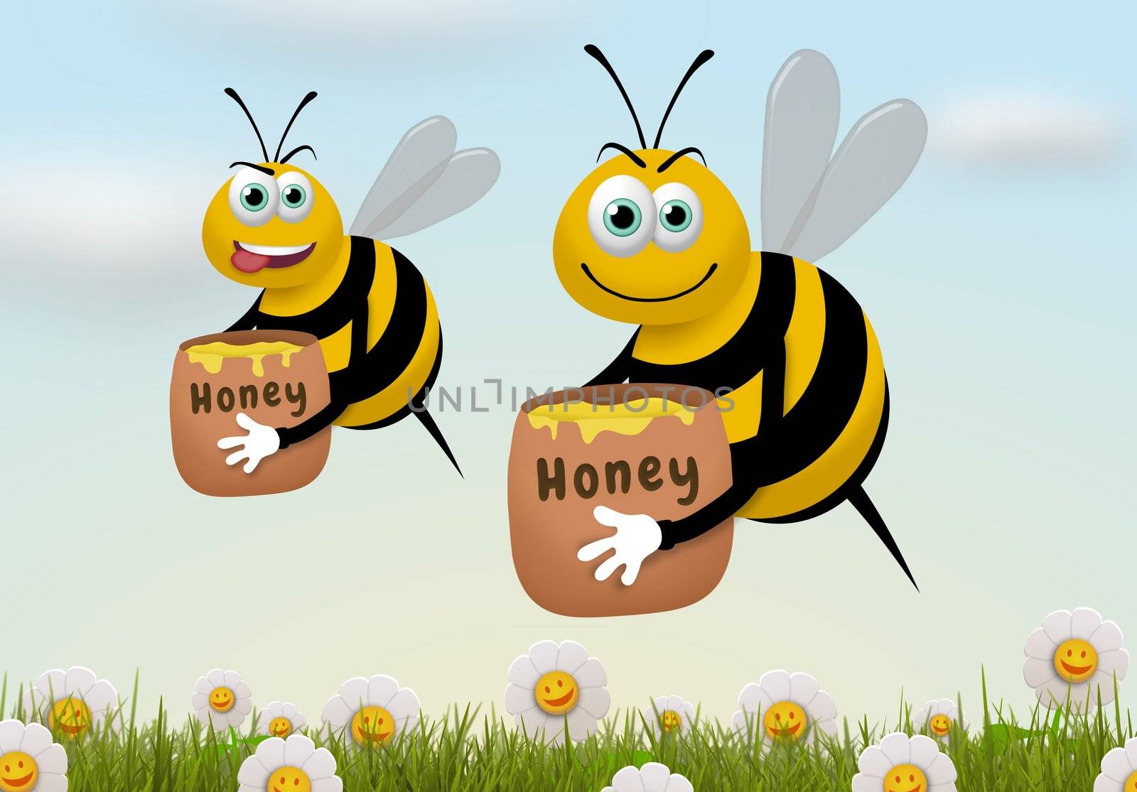 Illustration of two bees carrying honey pots while flying over a field of flowers
