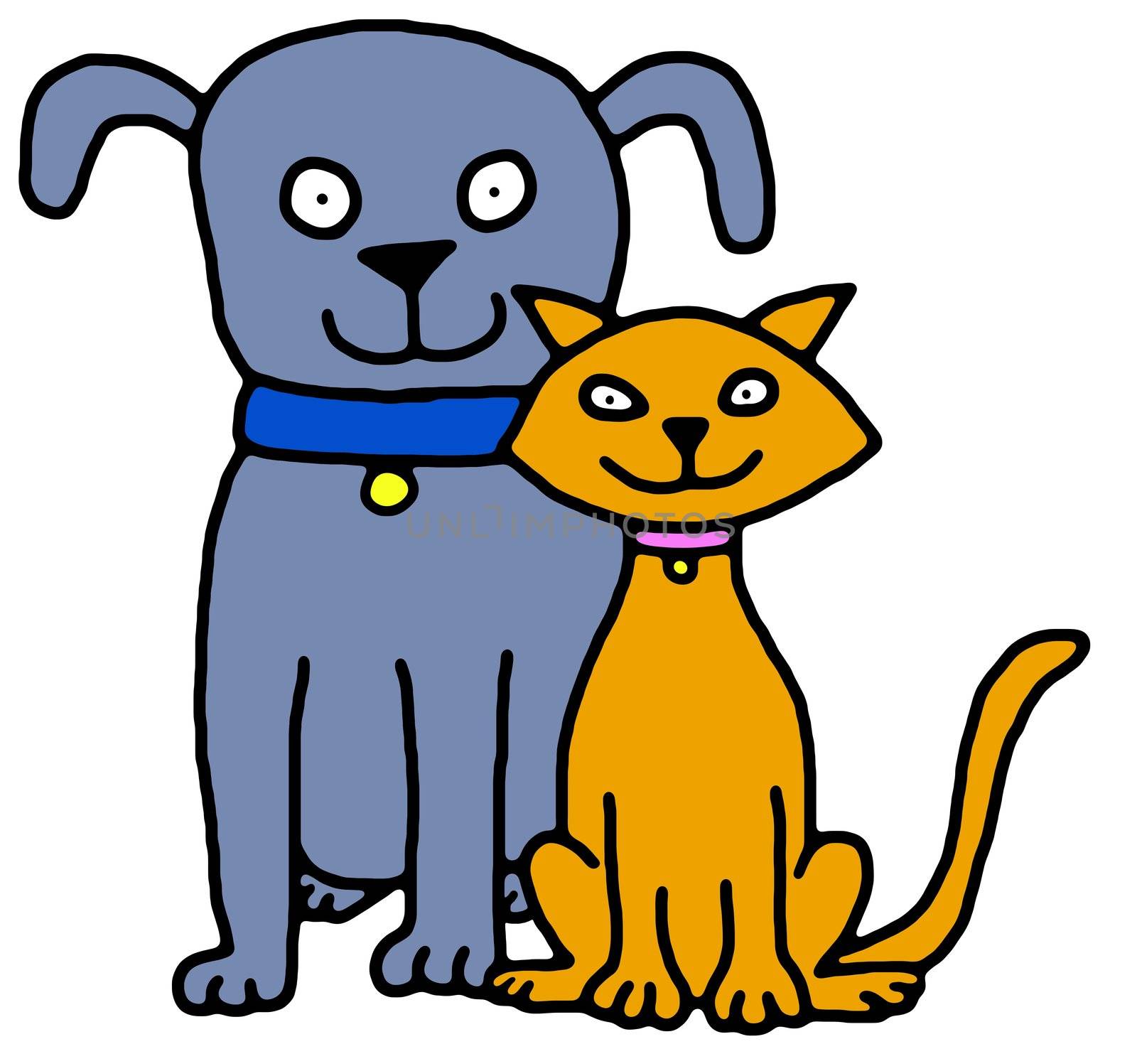 Illustration of a blue dog and orange cat sitting together