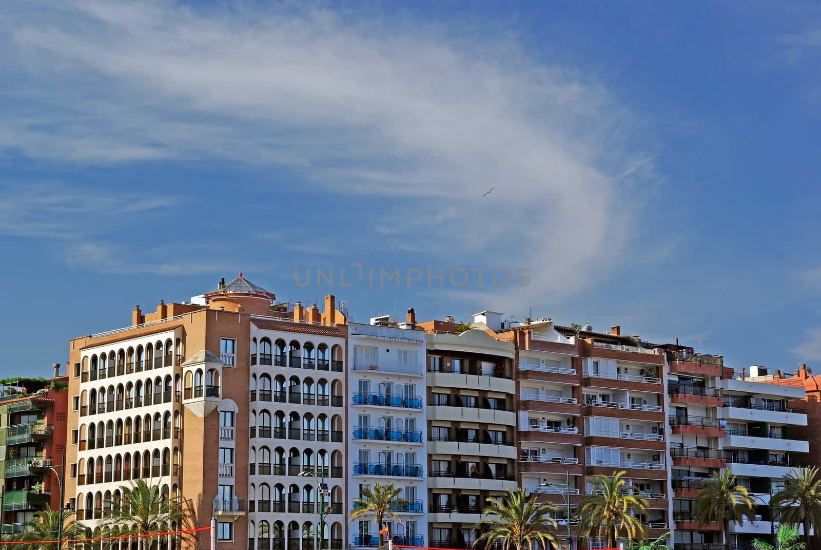 Cityscape of Lloret de Mar spanish town. Mediterranean sea.