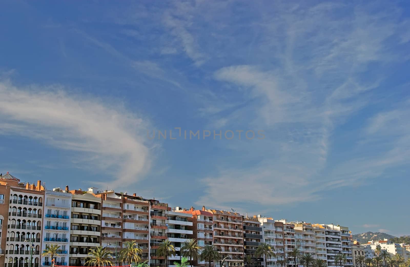 Cityscape of Lloret de Mar spanish town. Mediterranean sea.