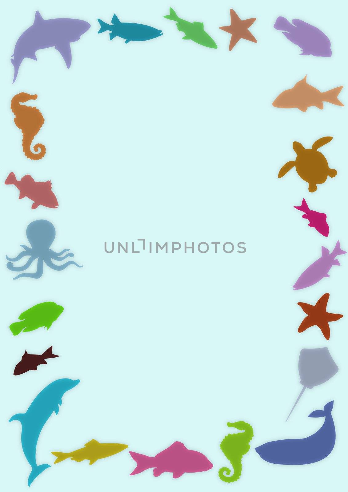 Illustrated frame made of colourful marine animals