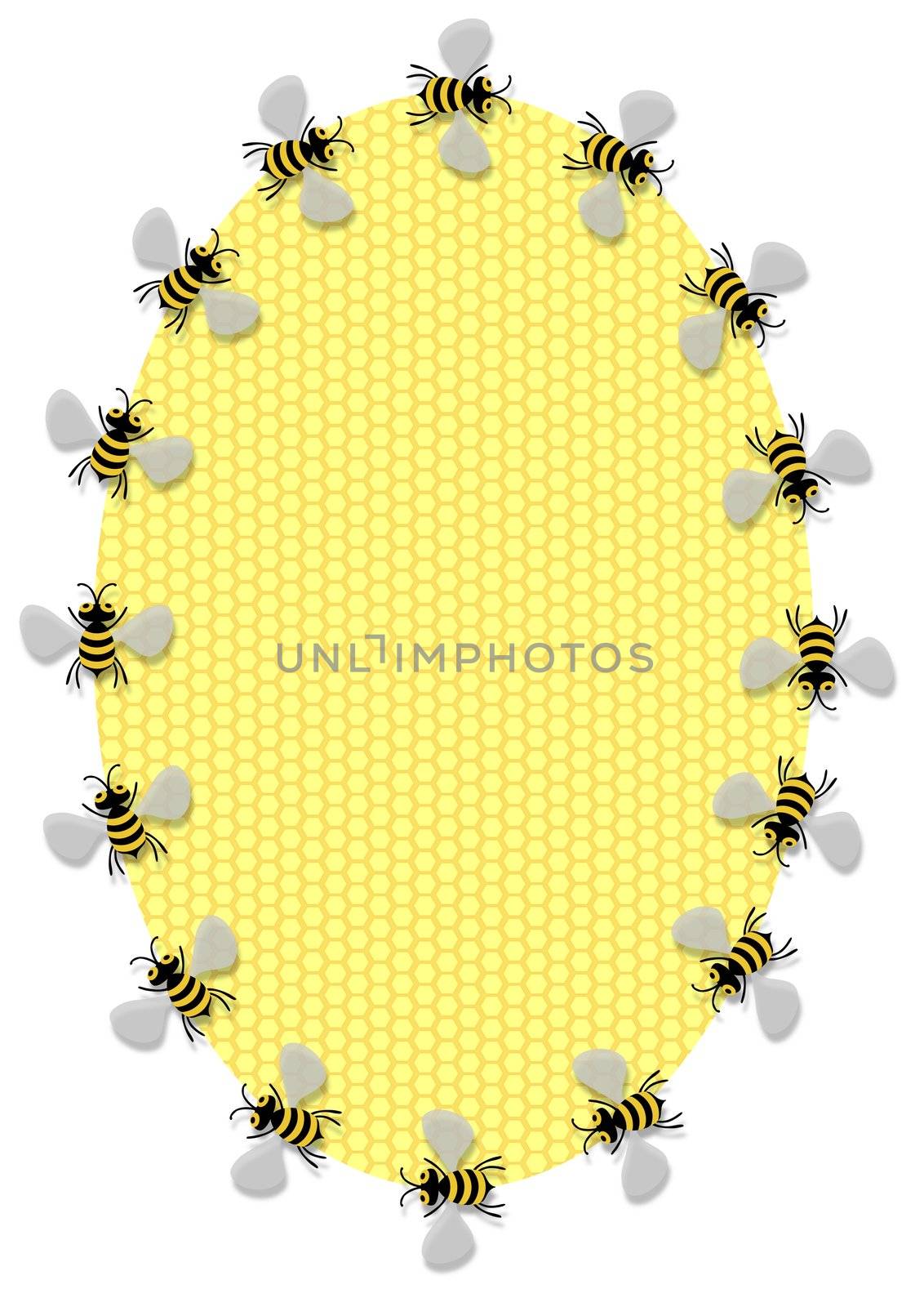 Illustration of a oval honeycomb frame surrounded by bees