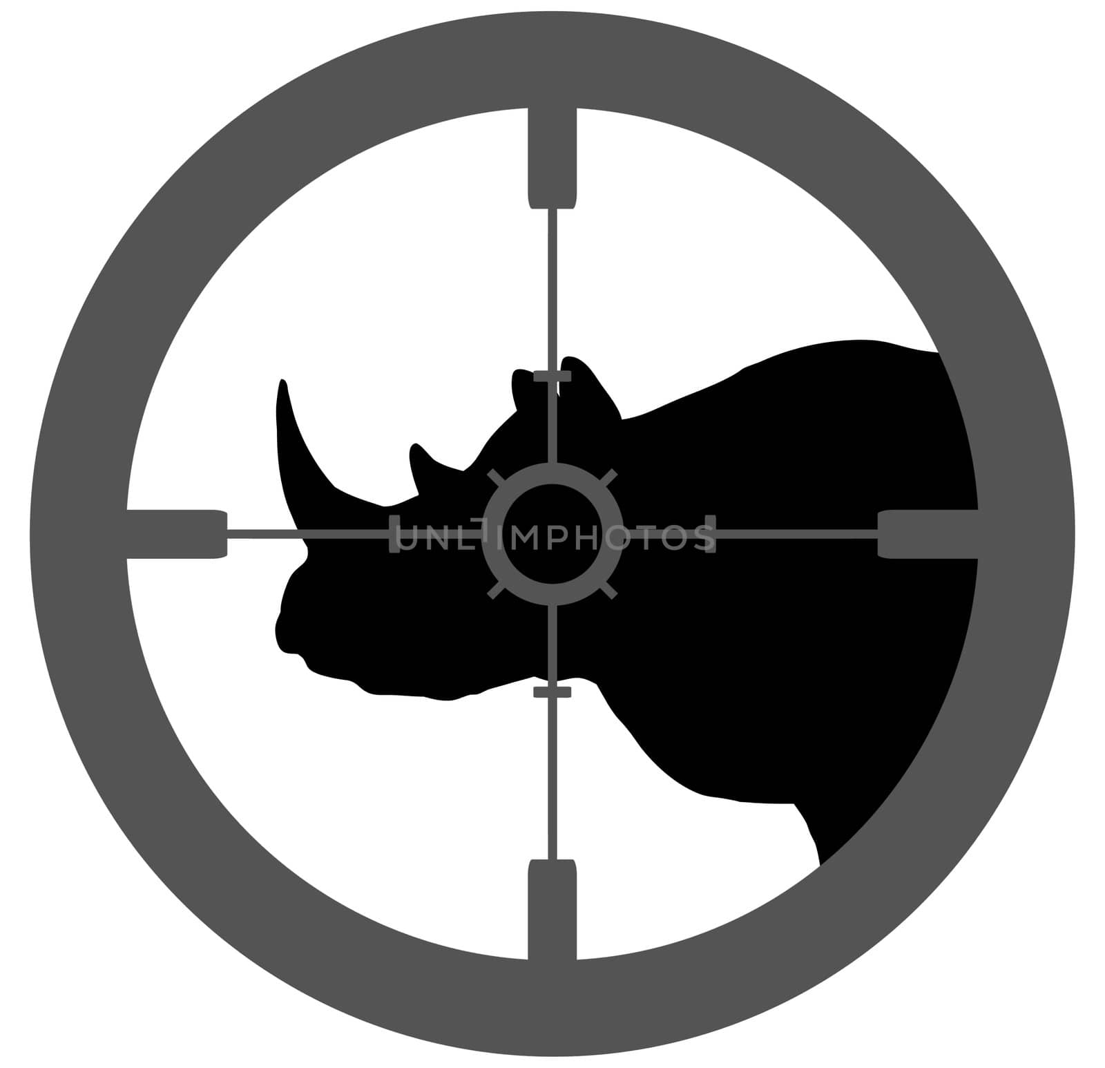 Illustration of a silhouette Rhino with a gun  sight aiming at its head