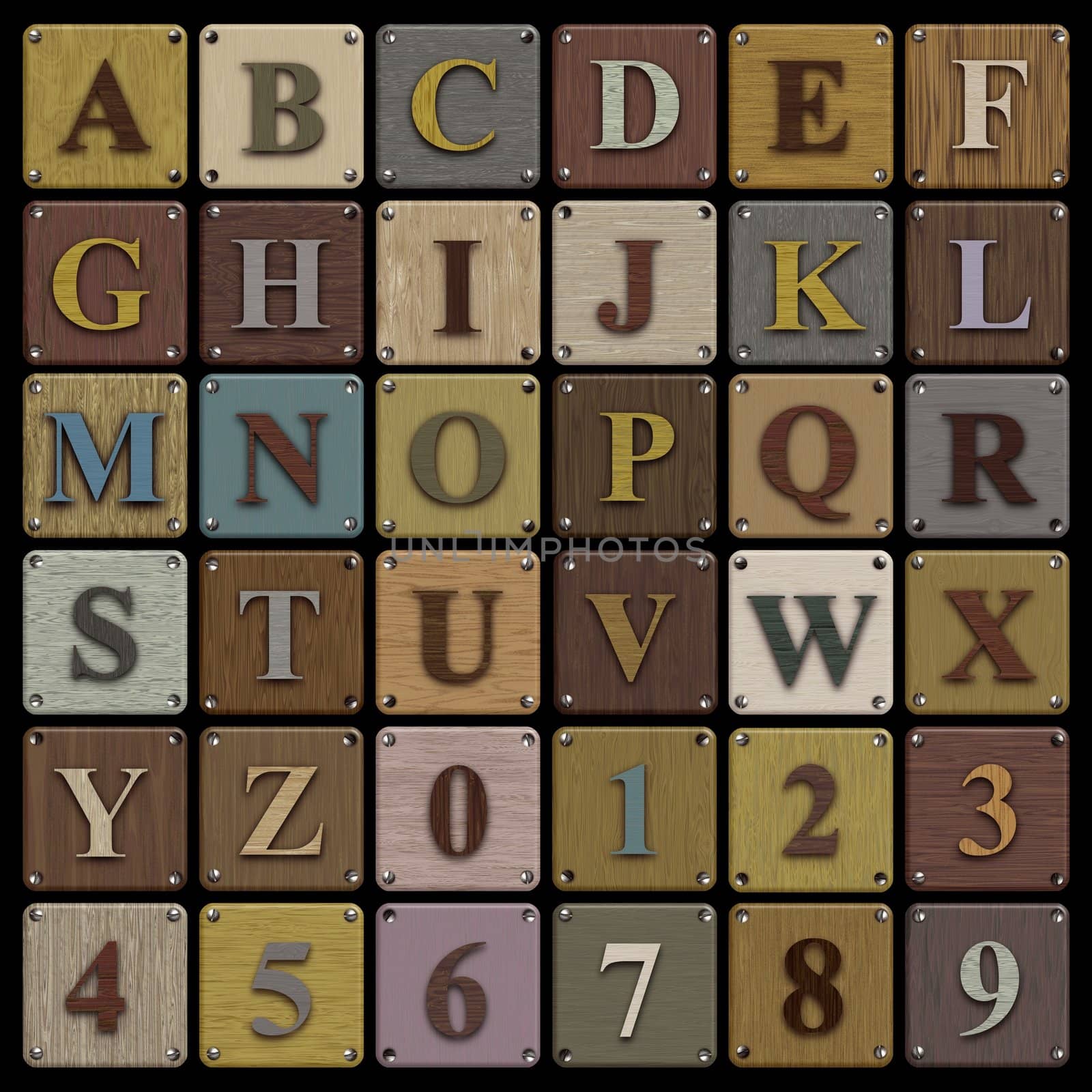 Illustration of alphabet and numbers on wooden tiles with screws at the edges