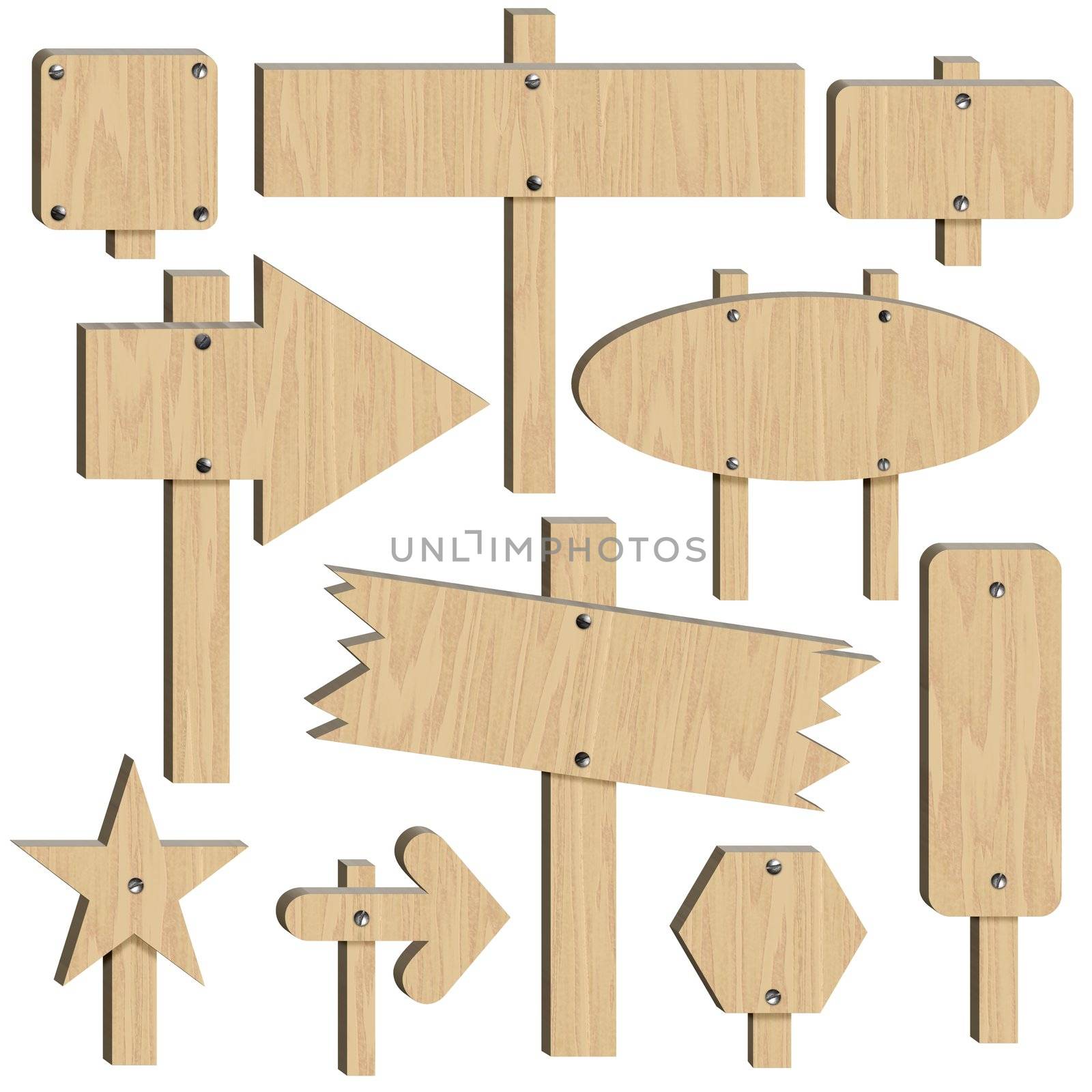 Illustration of ten wooden signs isolated on a white background