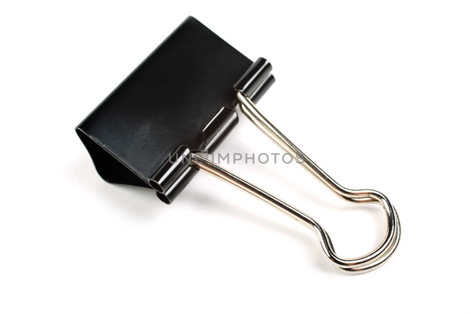 Black paper clip isolated on white background.