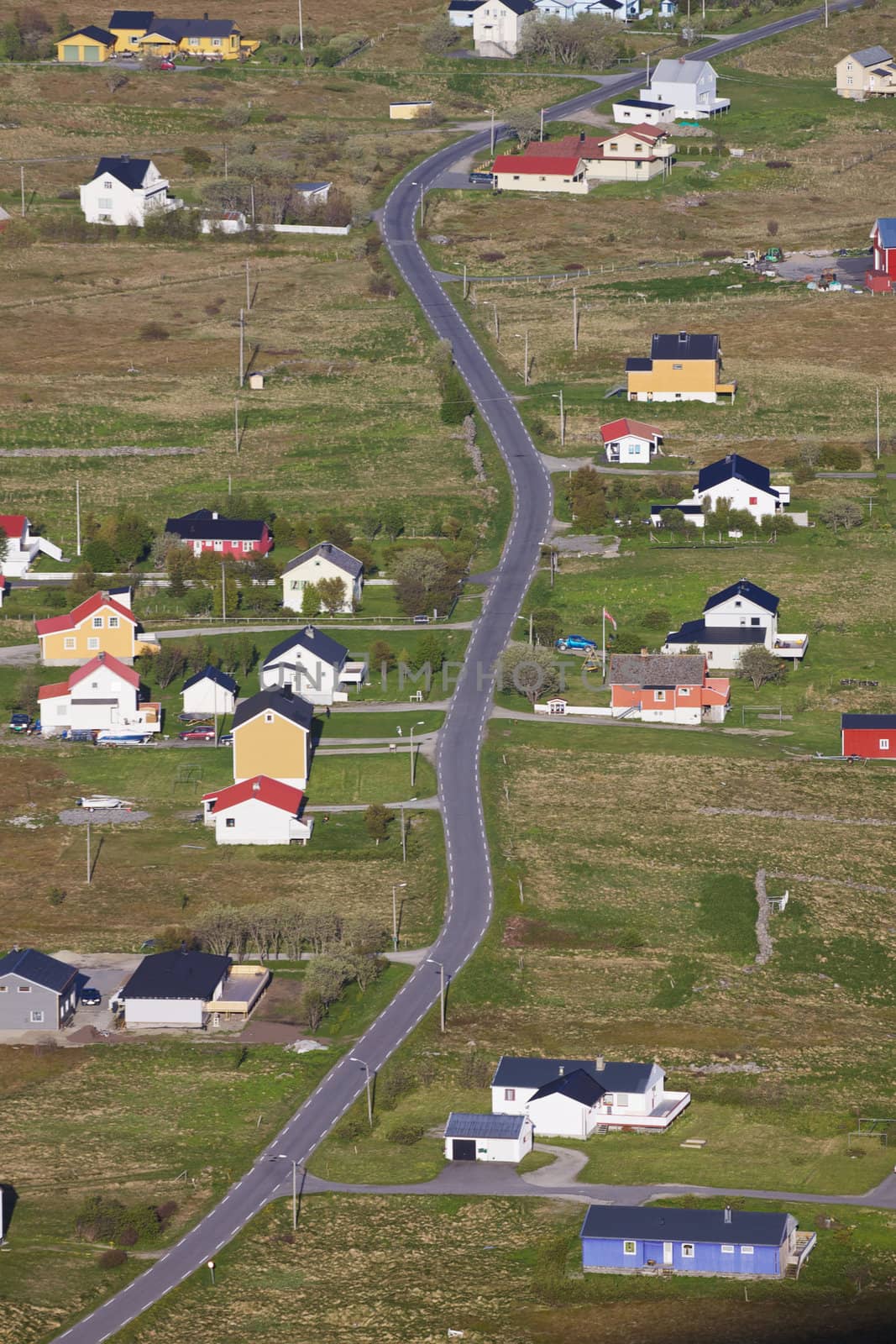 Aerial view of scenic town Sorland on island Vaeroy, Lofoten islands, Norway