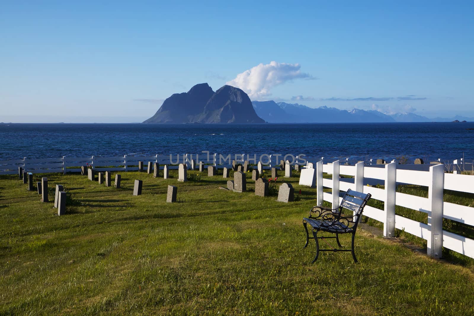 Scenic graveyard on coast of Lofoten islands in Norway