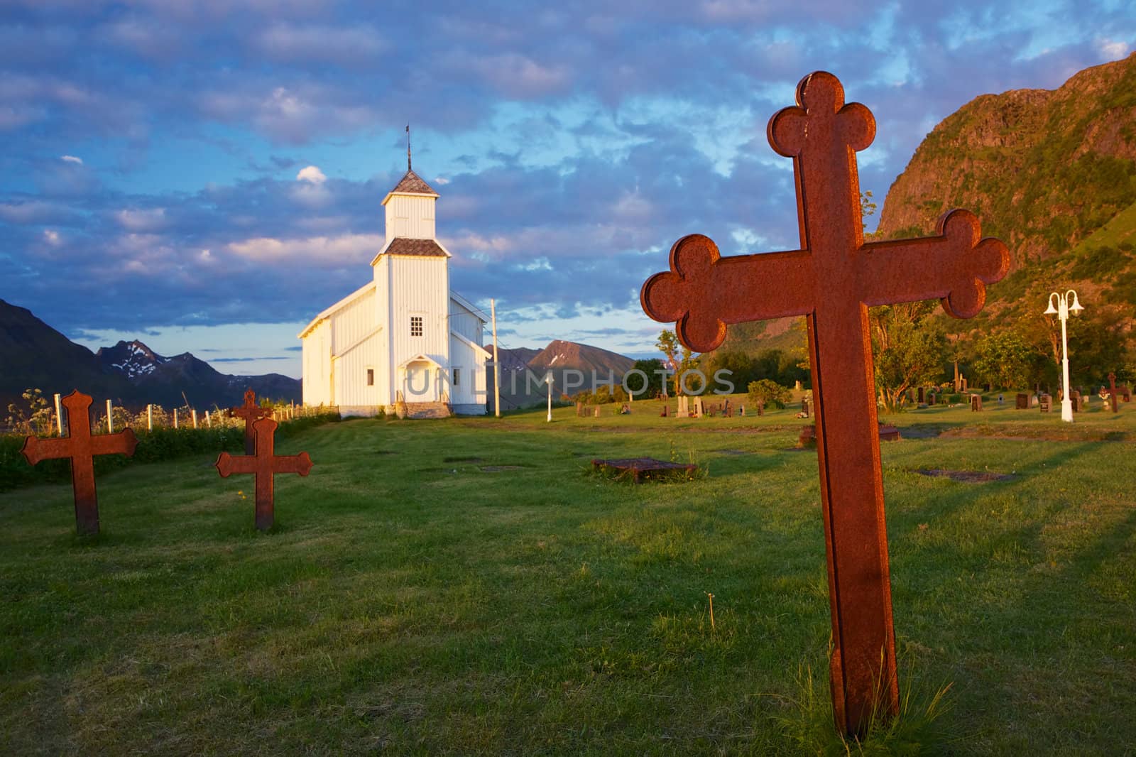 Picturesque churchyard on scenic Lofoten island in Norway