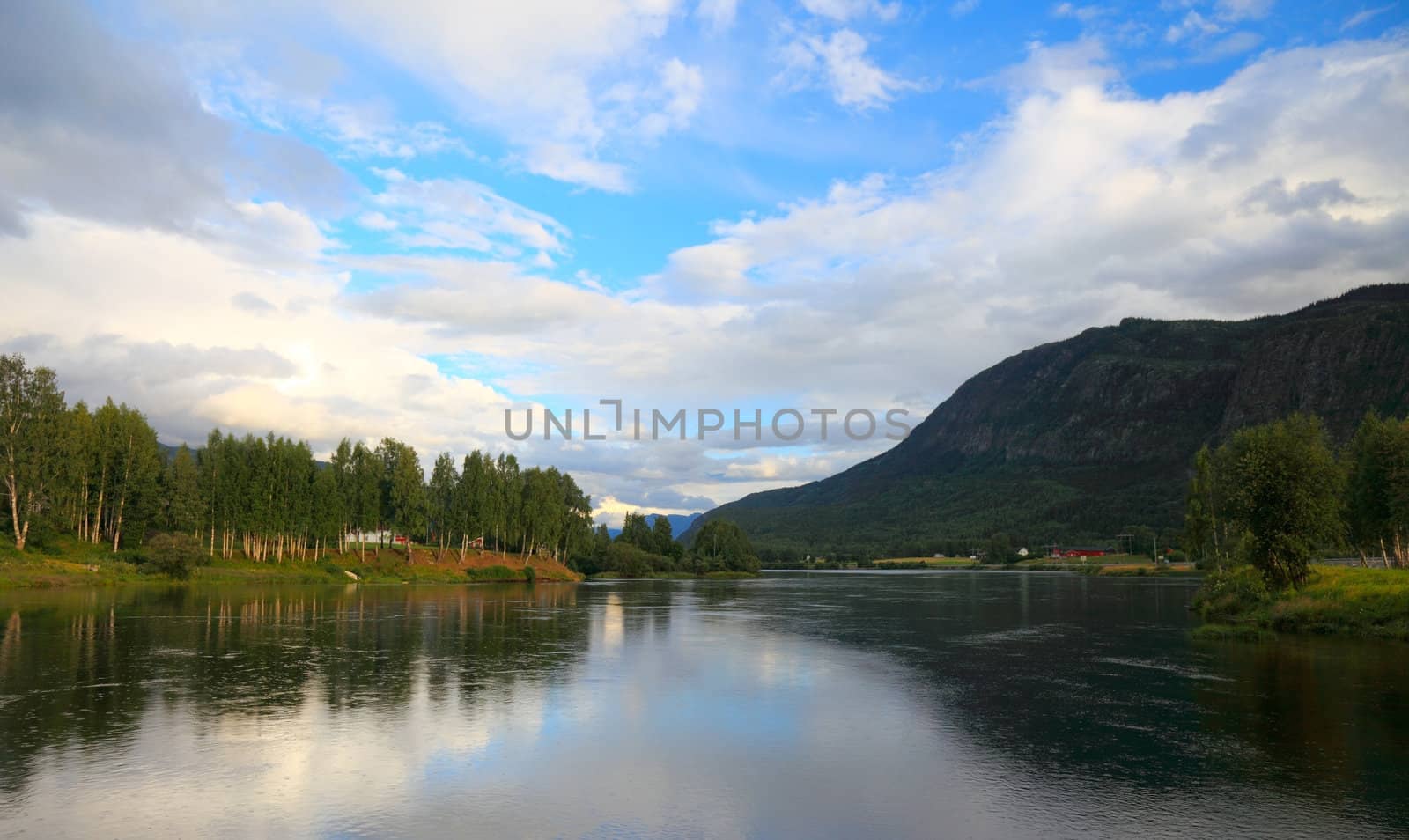 Norway lake view in summer. Before sunset.