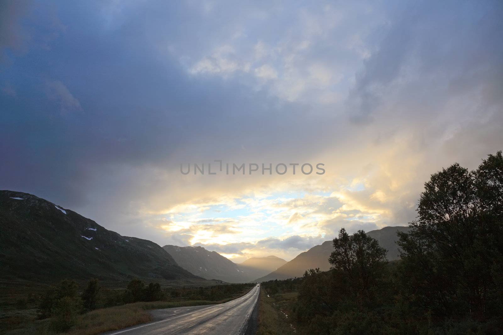 Road from Oslo to Bergen before sunset. Norway, scandinavian Europe.