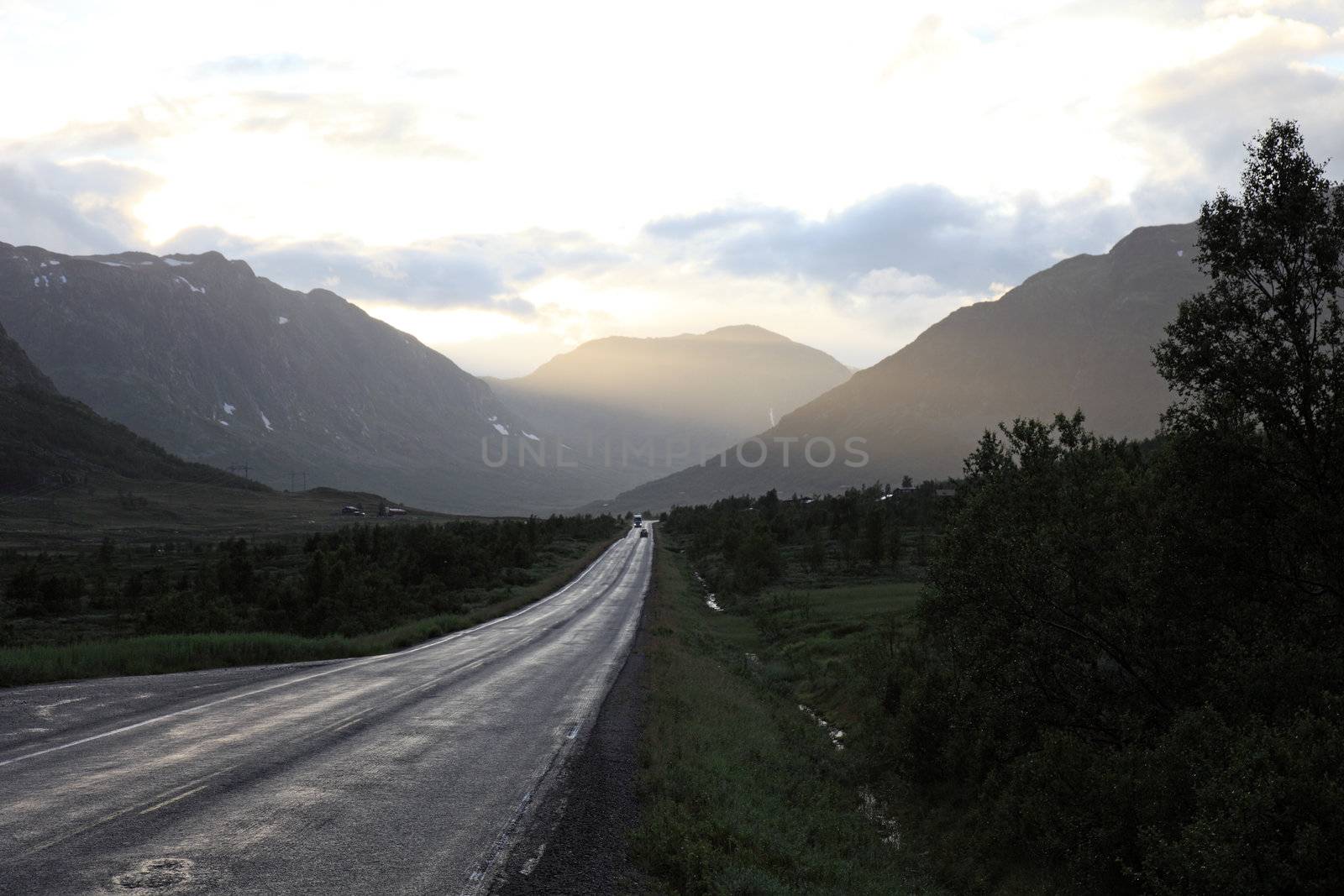 Road from Oslo to Bergen before sunset. Norway, scandinavian Europe.