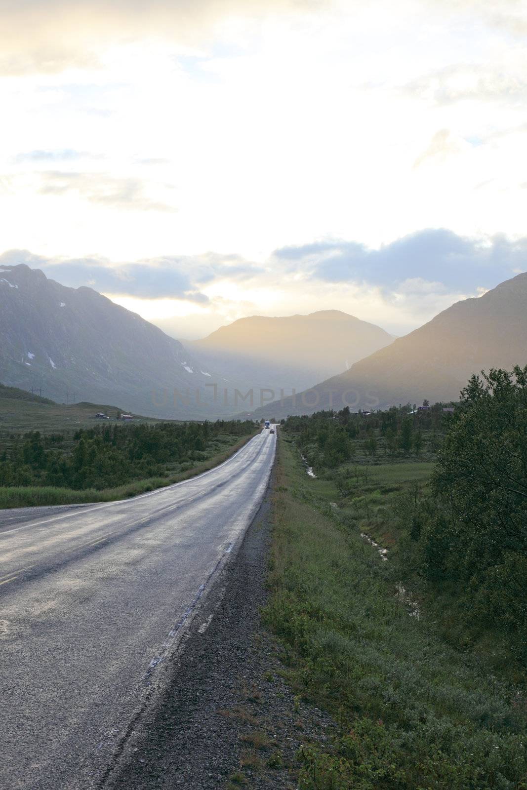 Road from Oslo to Bergen before sunset. Norway, scandinavian Europe.