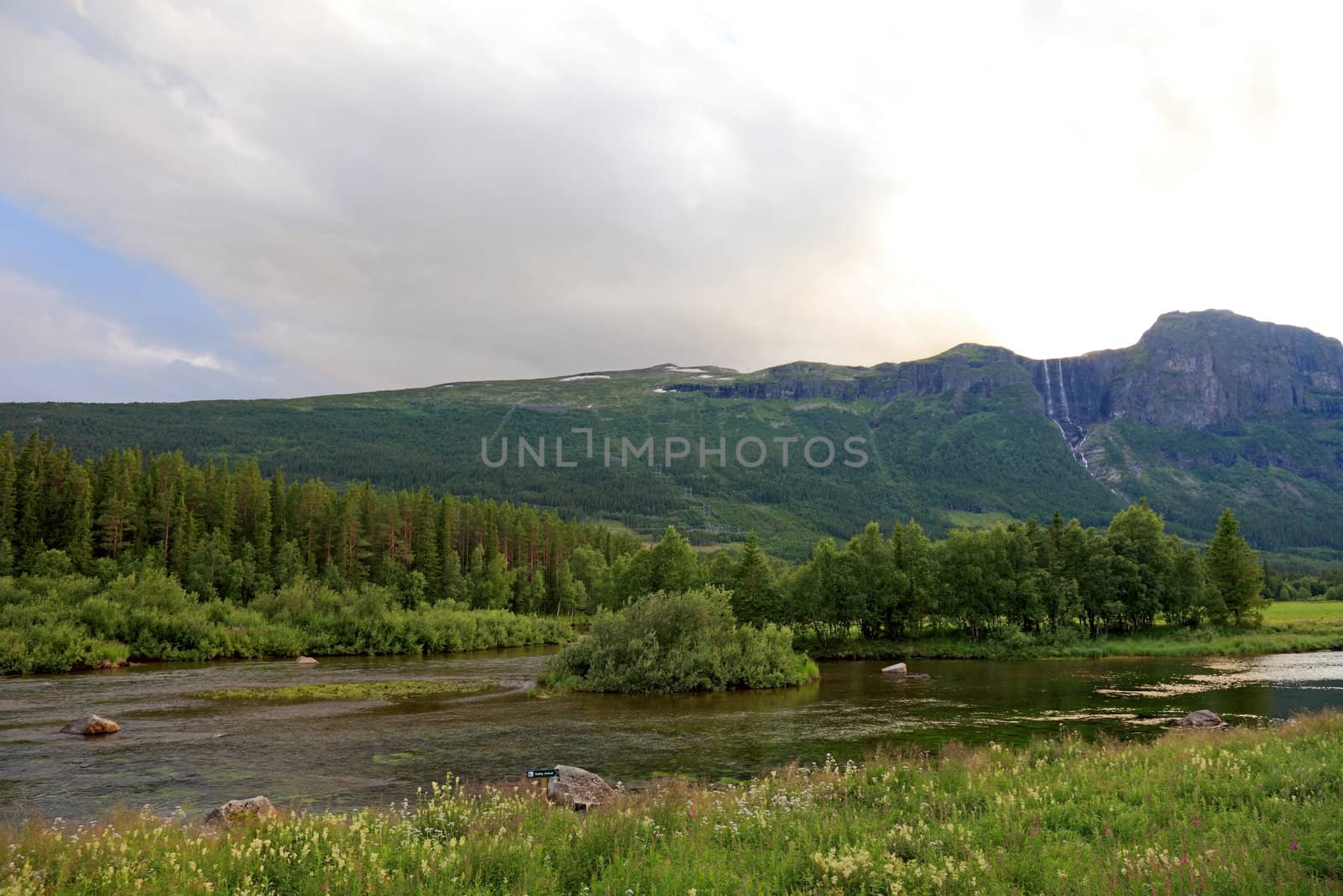 Waterfalls and river in Norway, between Oslo and Bergen. Scandinavian landscapes.