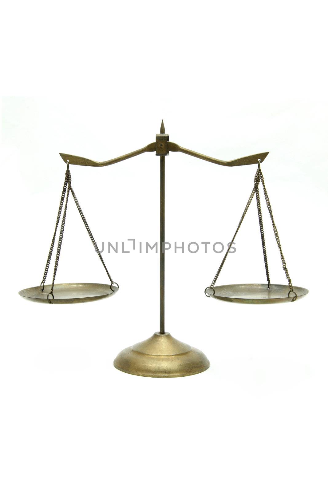 golden brass scales of justice on white