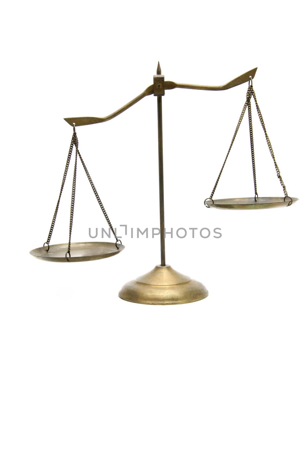 unbalance of golden brass scales of justice on white