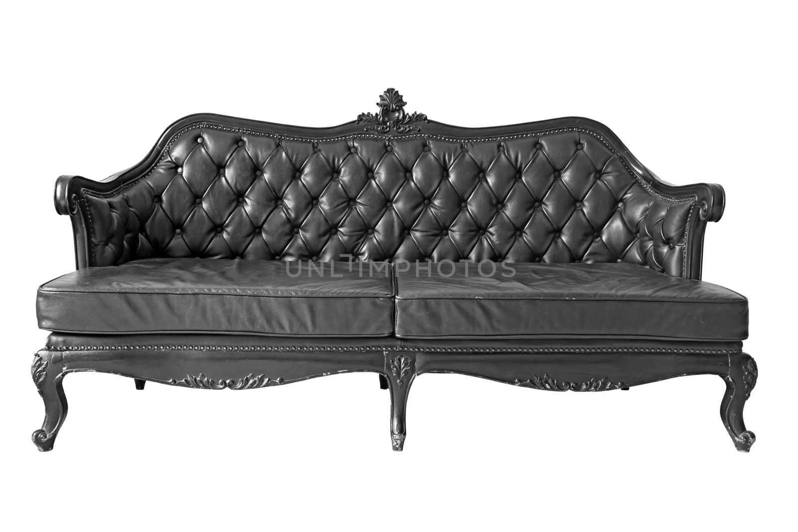 isolated Armchair black genuine leather classical style sofa with clipping path