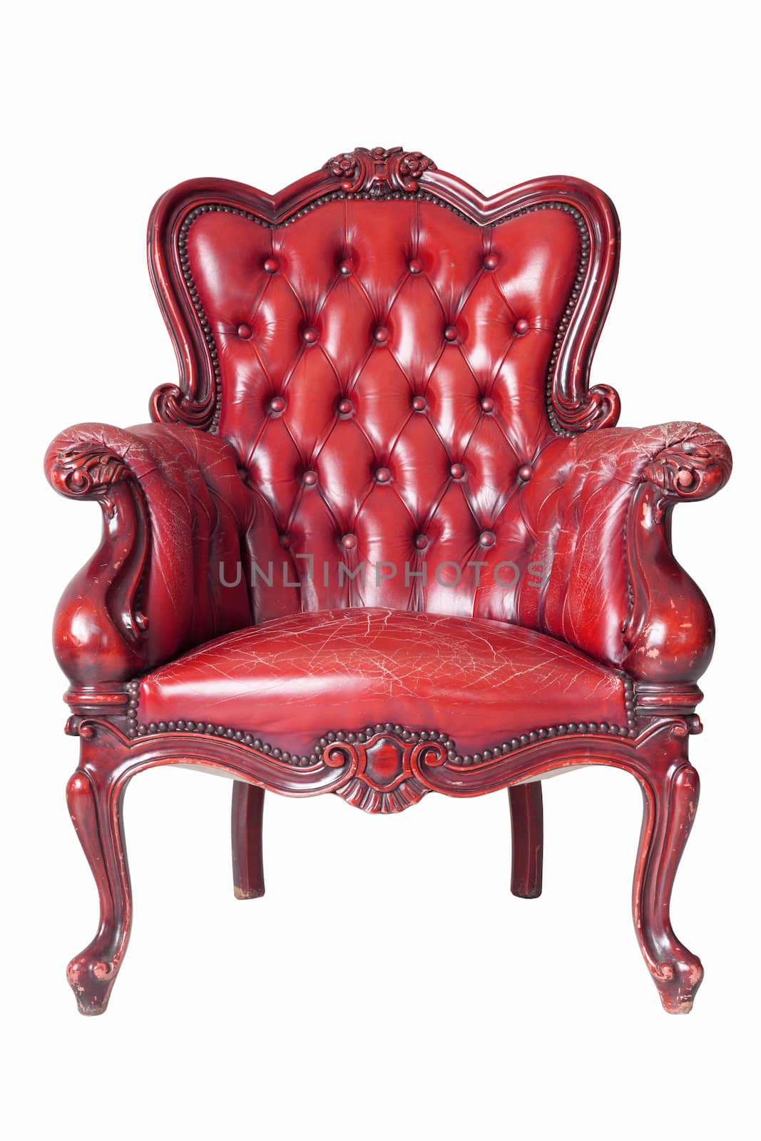 isolated Armchair red genuine leather classical style sofa with clipping path