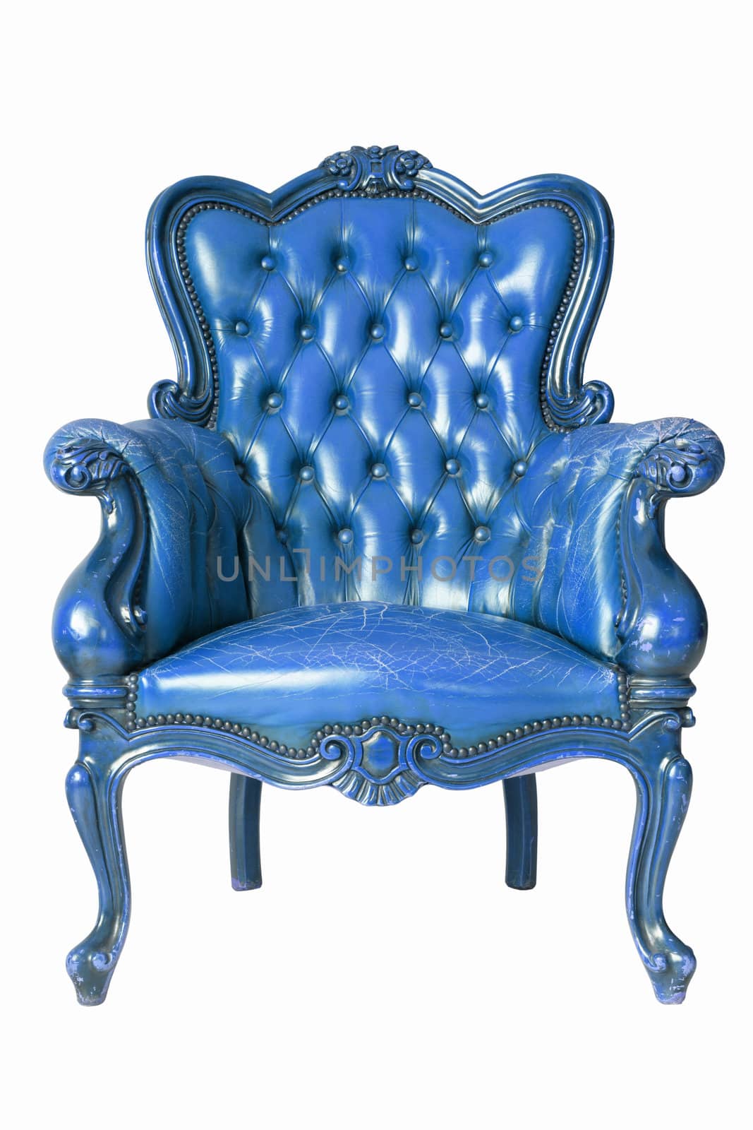 Armchair blue genuine leather classical style sofa with clipping path