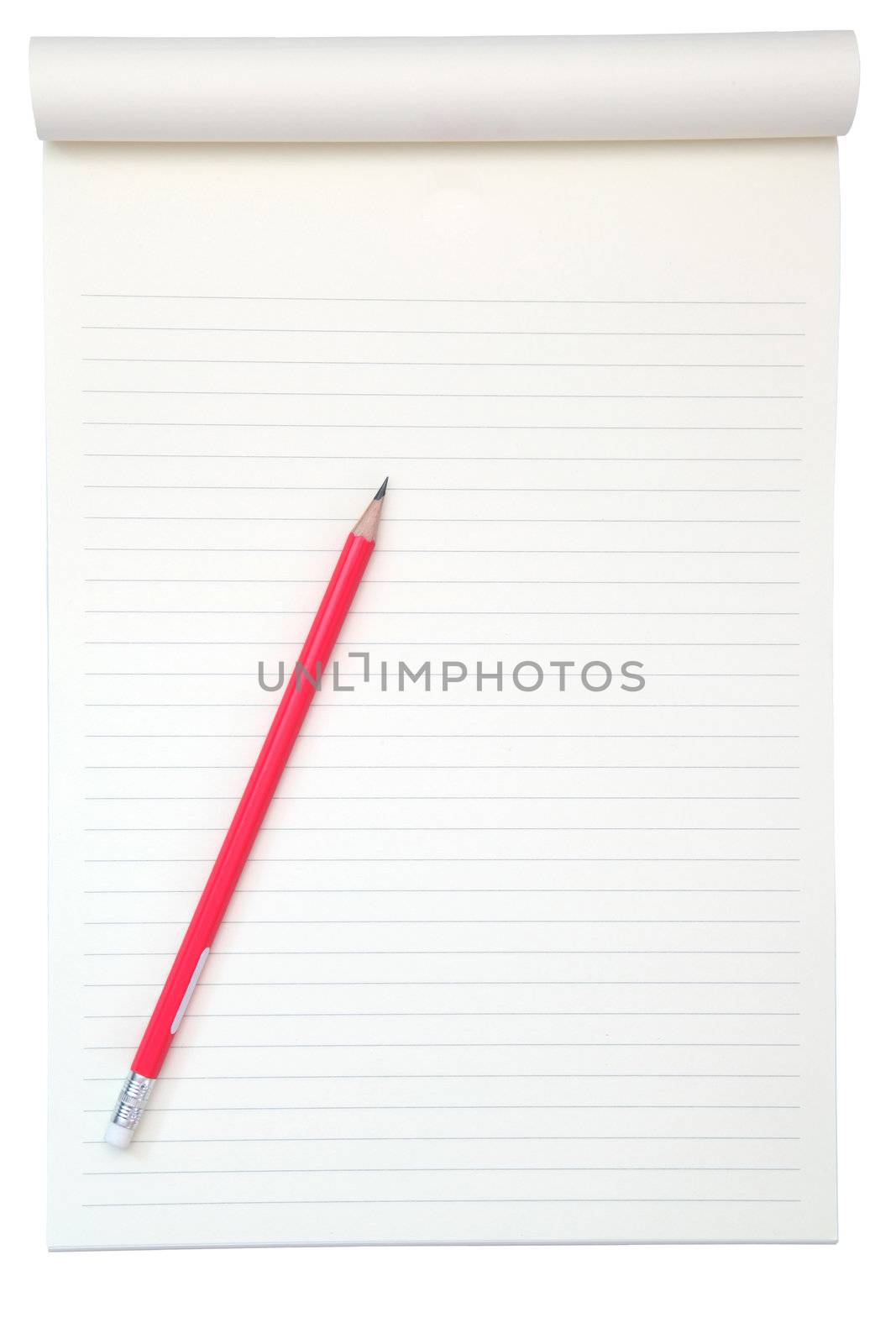 yellow paper for reading with pencil isolated on white