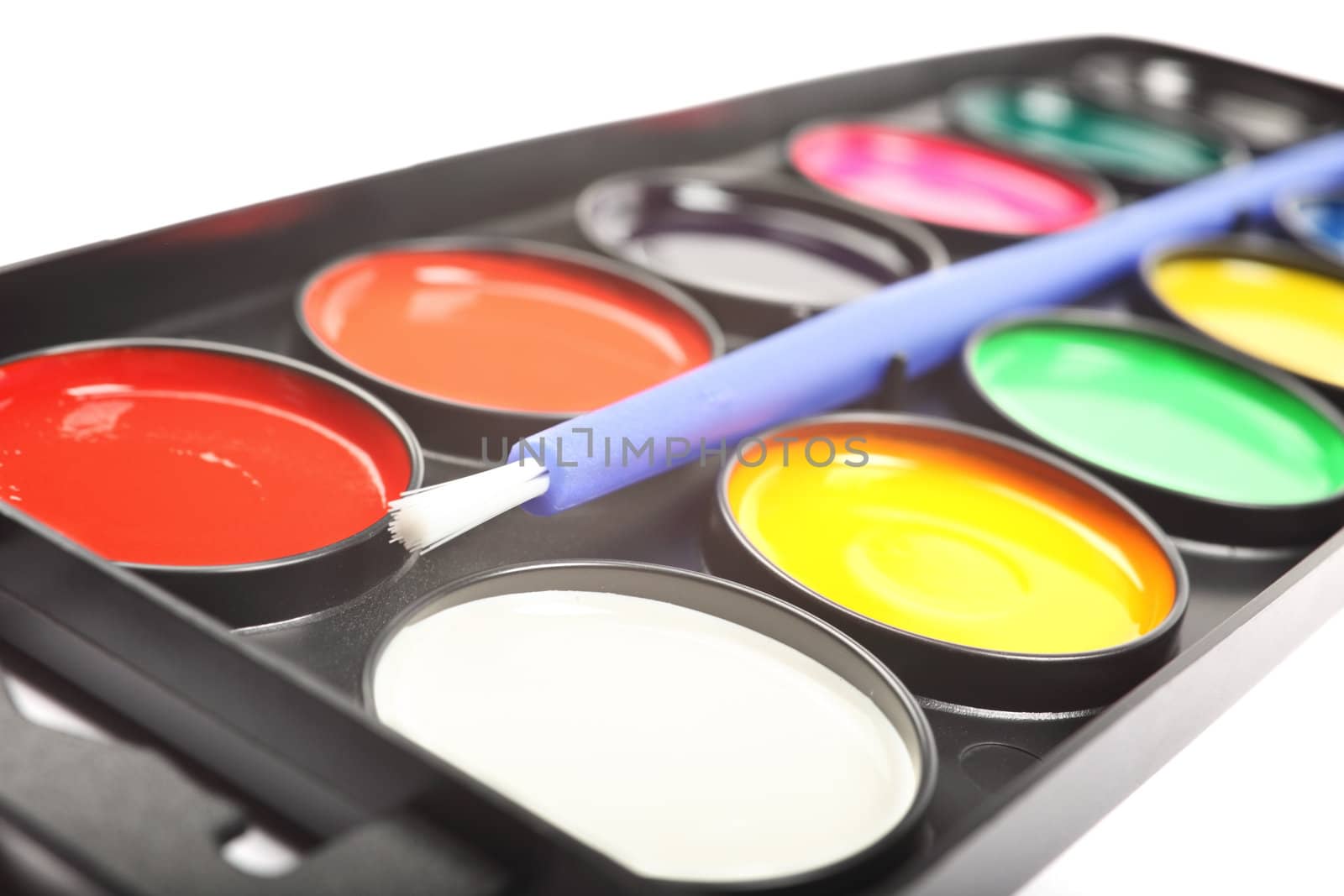 Close up of watercolor palette isolated on white background.