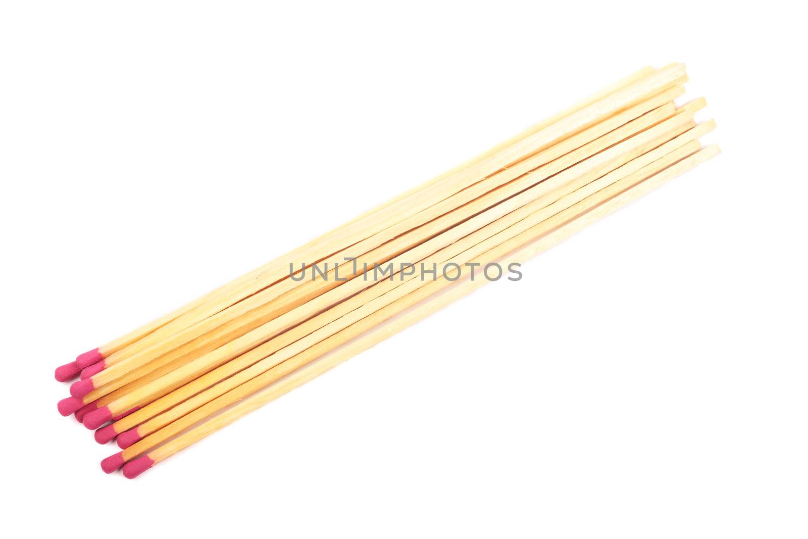 Heap of long wooden matches isolated on white background.