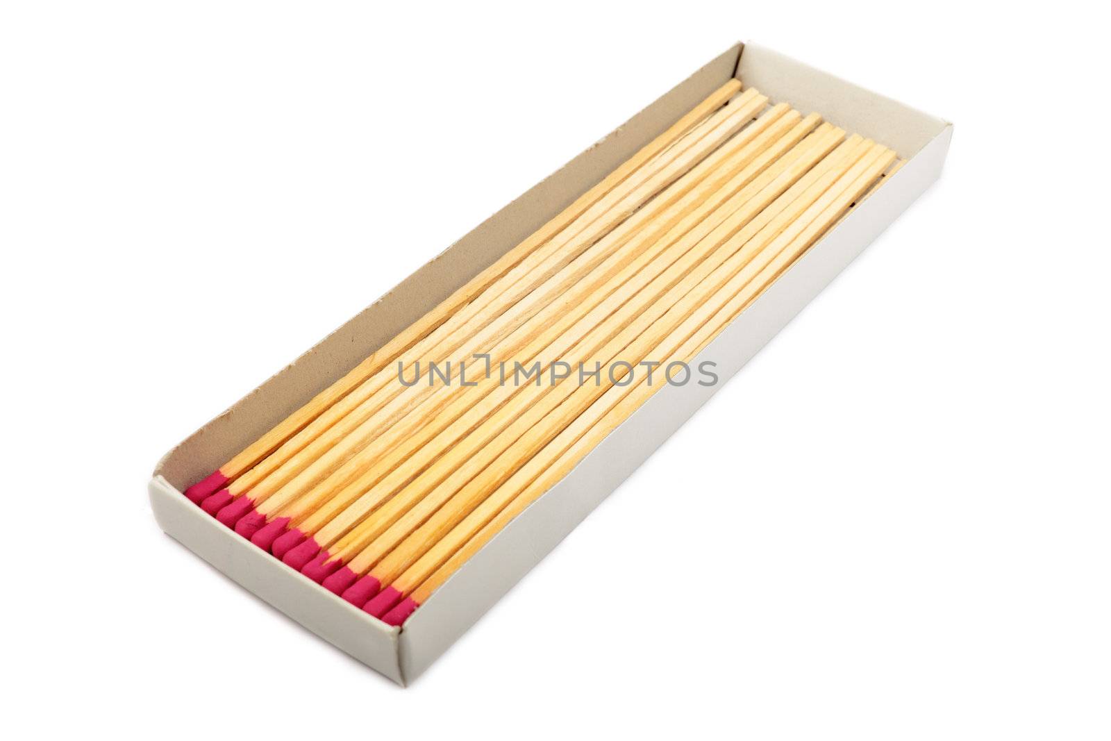 Long matches in a box isolated on white background.