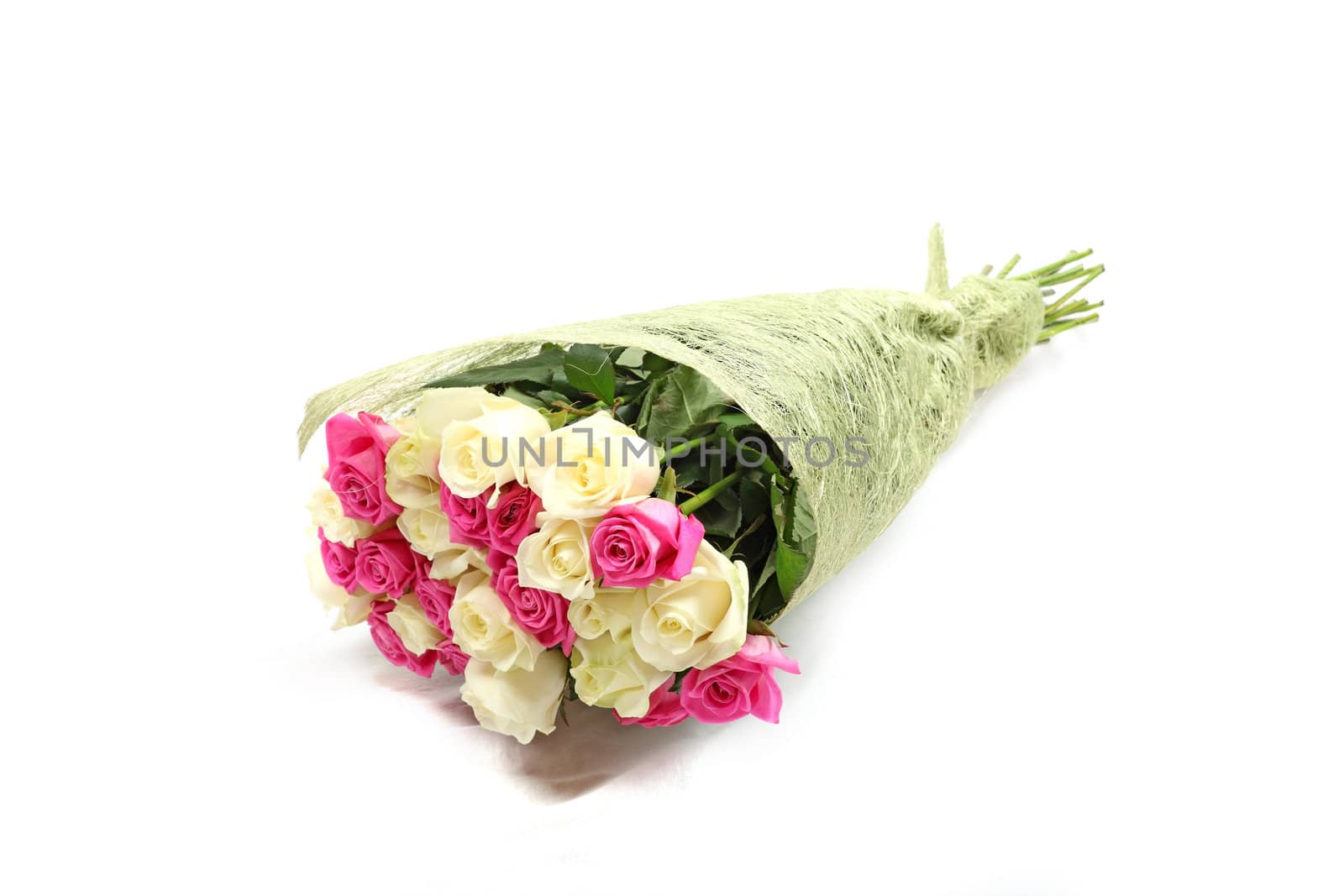 Bouquet of pink and creme roses isolated on white background. 