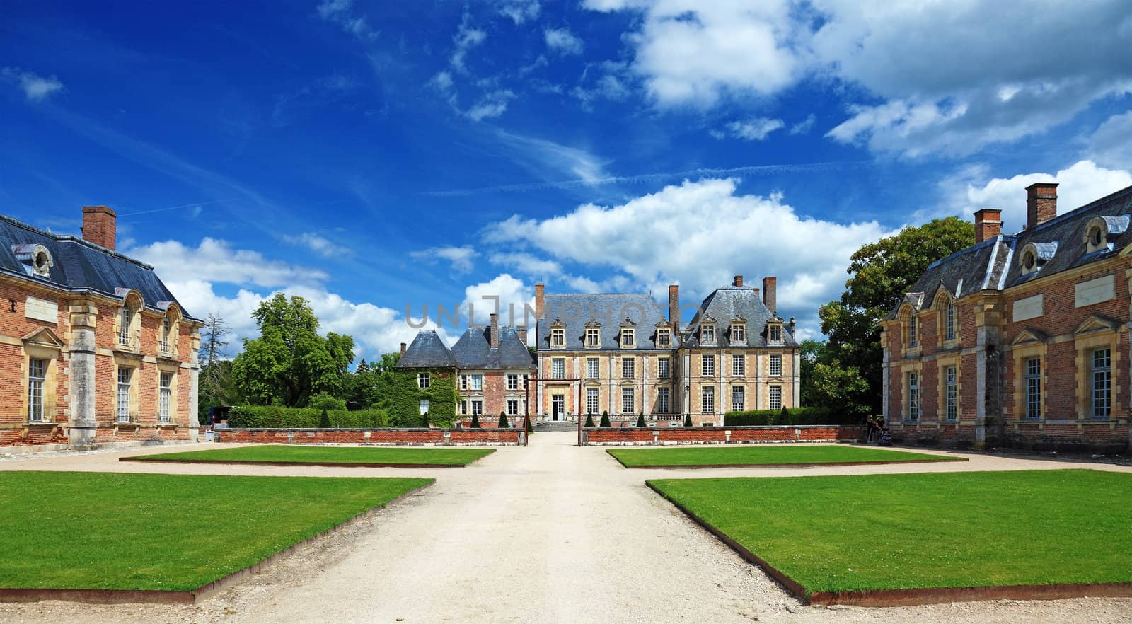 Panoramic view of old french nobility mansion, Europe.