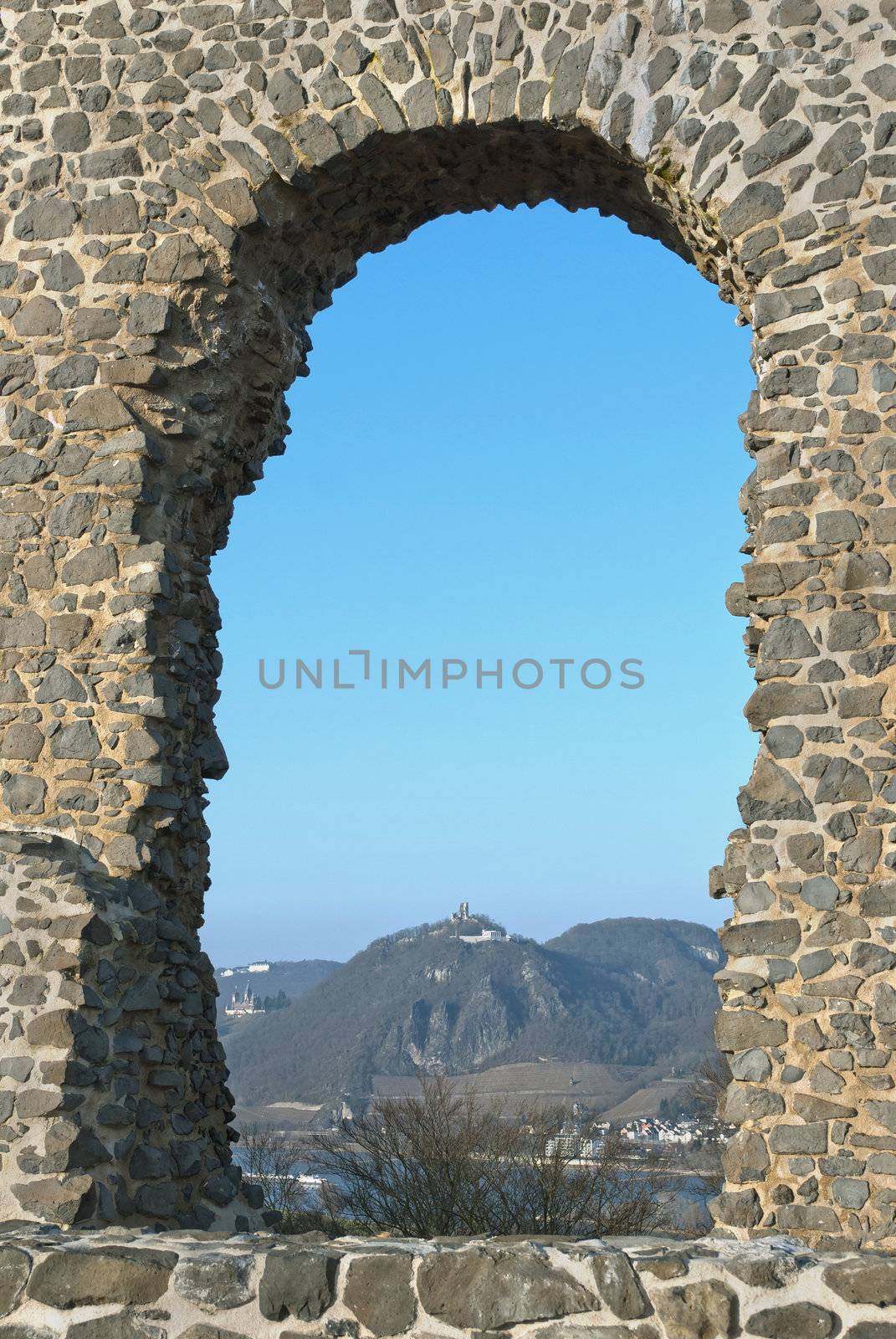 Ruins of a 12th century castle, Rolandsbogen, or  Roland's arch, a few kilometres from Bonn, in the direction of Koblenz, Germany