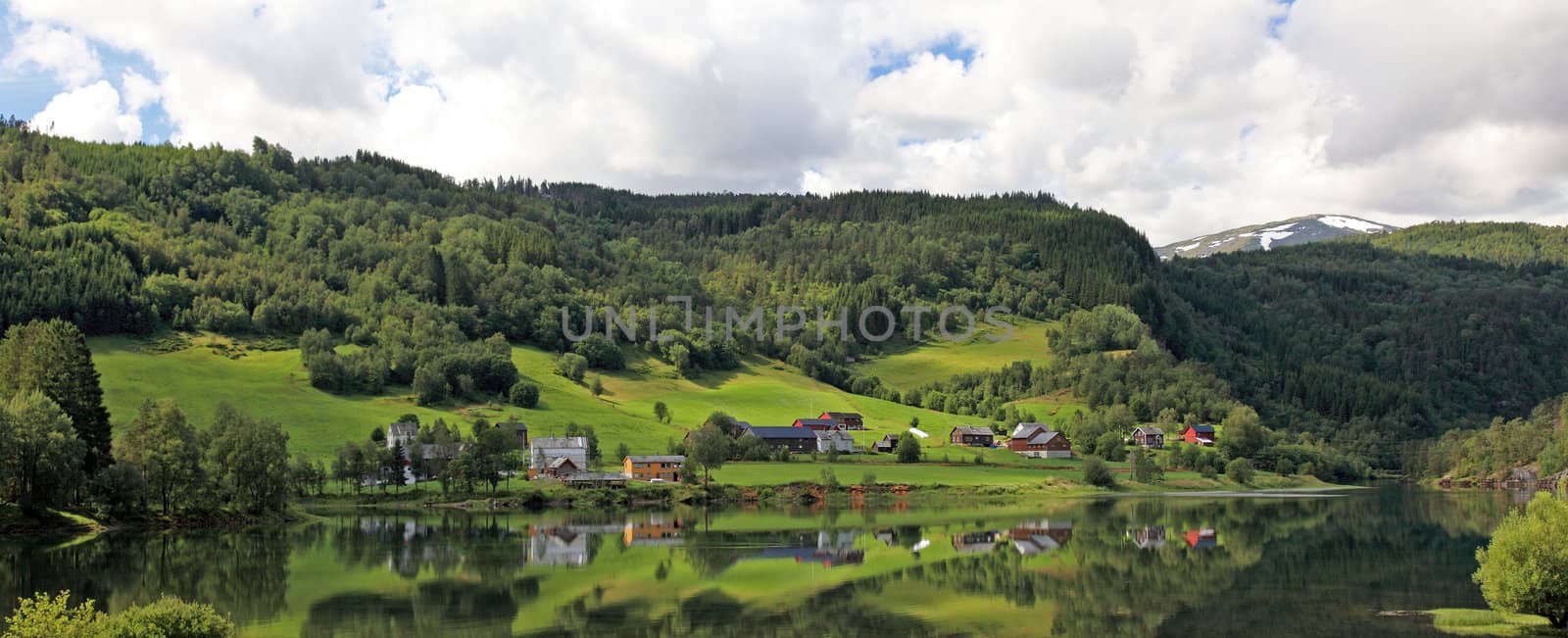 Panoramic view of small norwegian village, Scandinavian Europe.