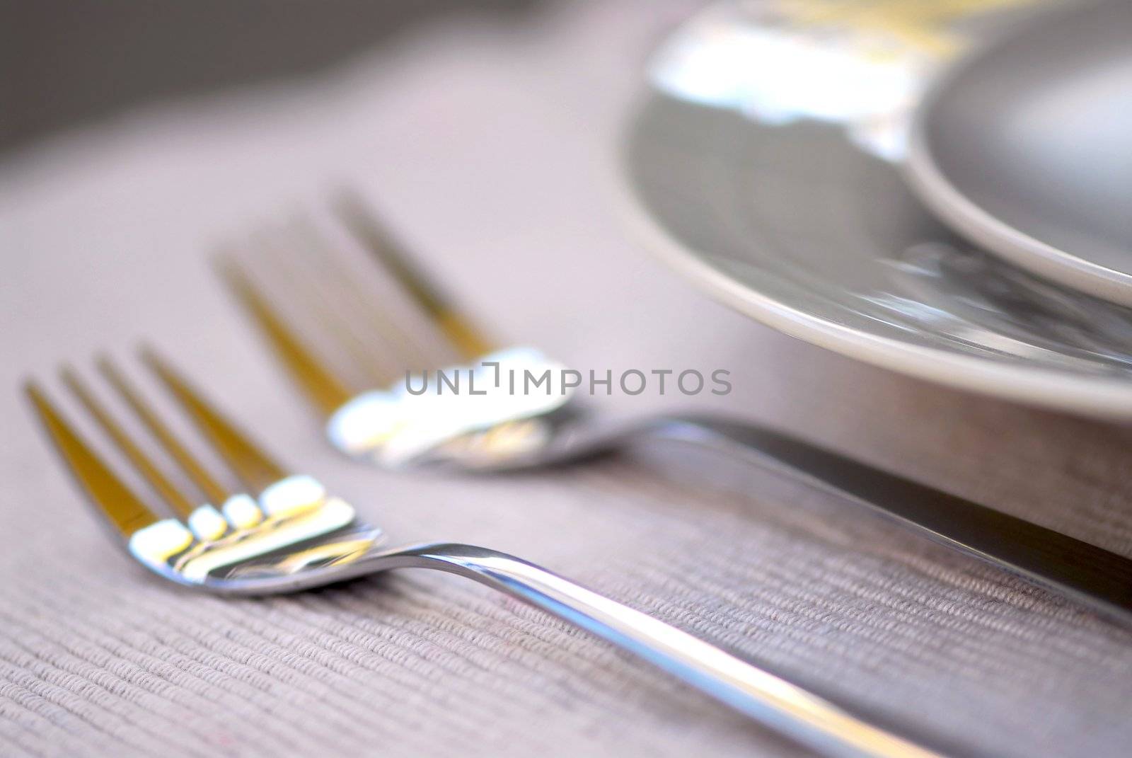 Dinner place setting with plates and cutlery shallow dof