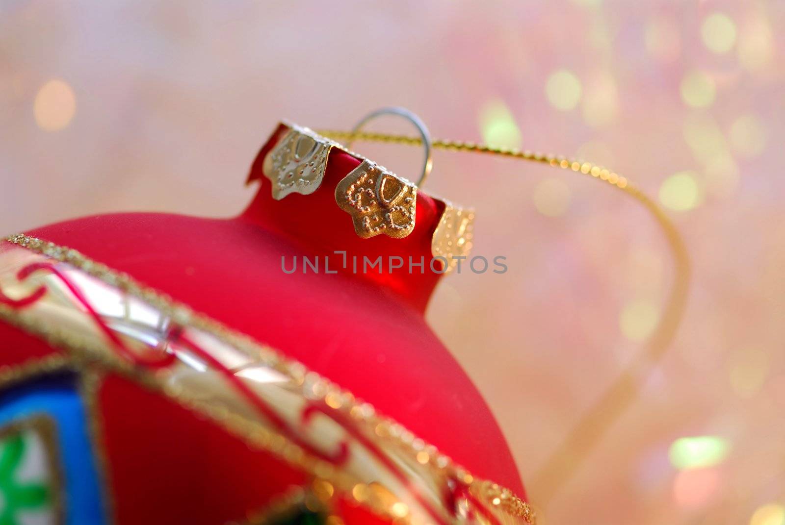 Closeup of red christmas tree ornament glass ball