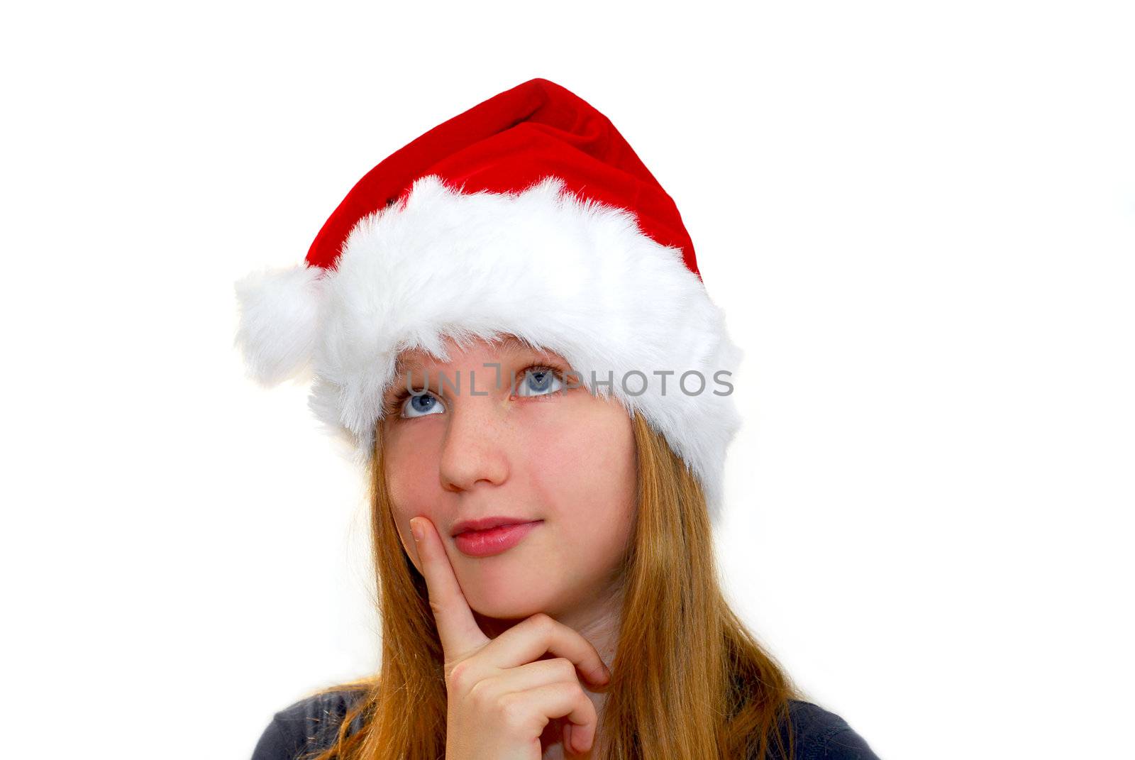 Portrait of a young girl wearing Santa's hat isolated on white background