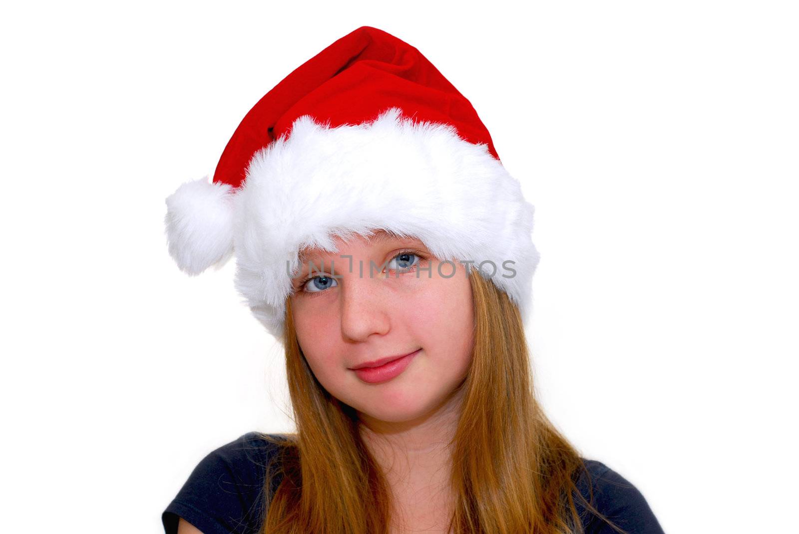 Portrait of a young girl wearing Santa's hat isolated on white background