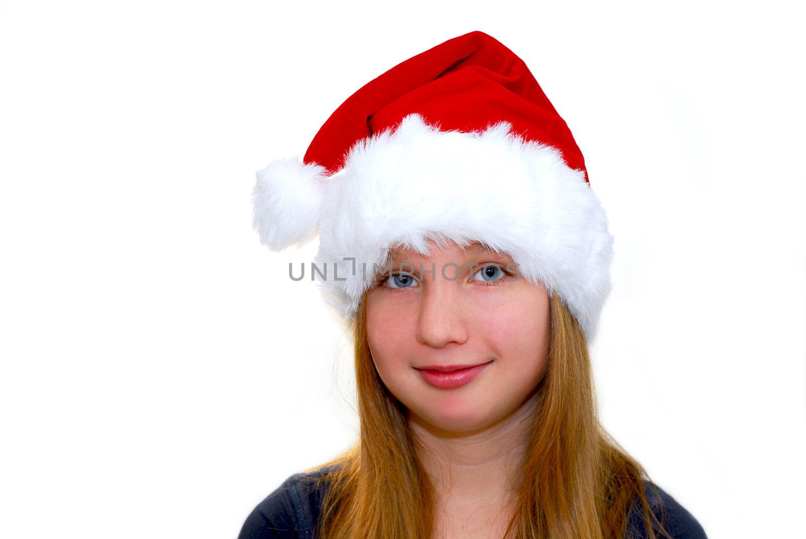 Portrait of a young girl wearing Santa's hat isolated on white background