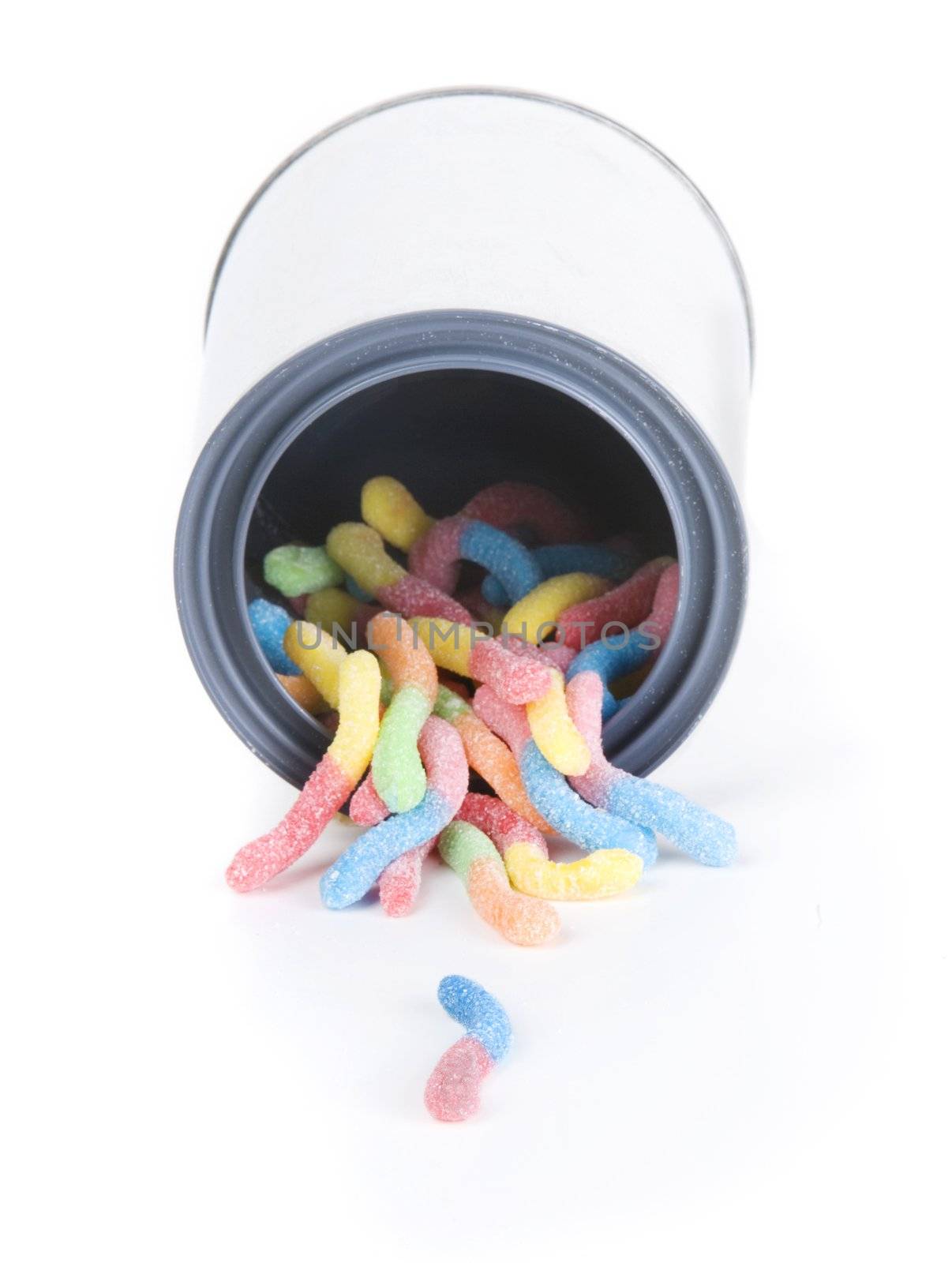 Shiny can of candy worms isolated against a white background
