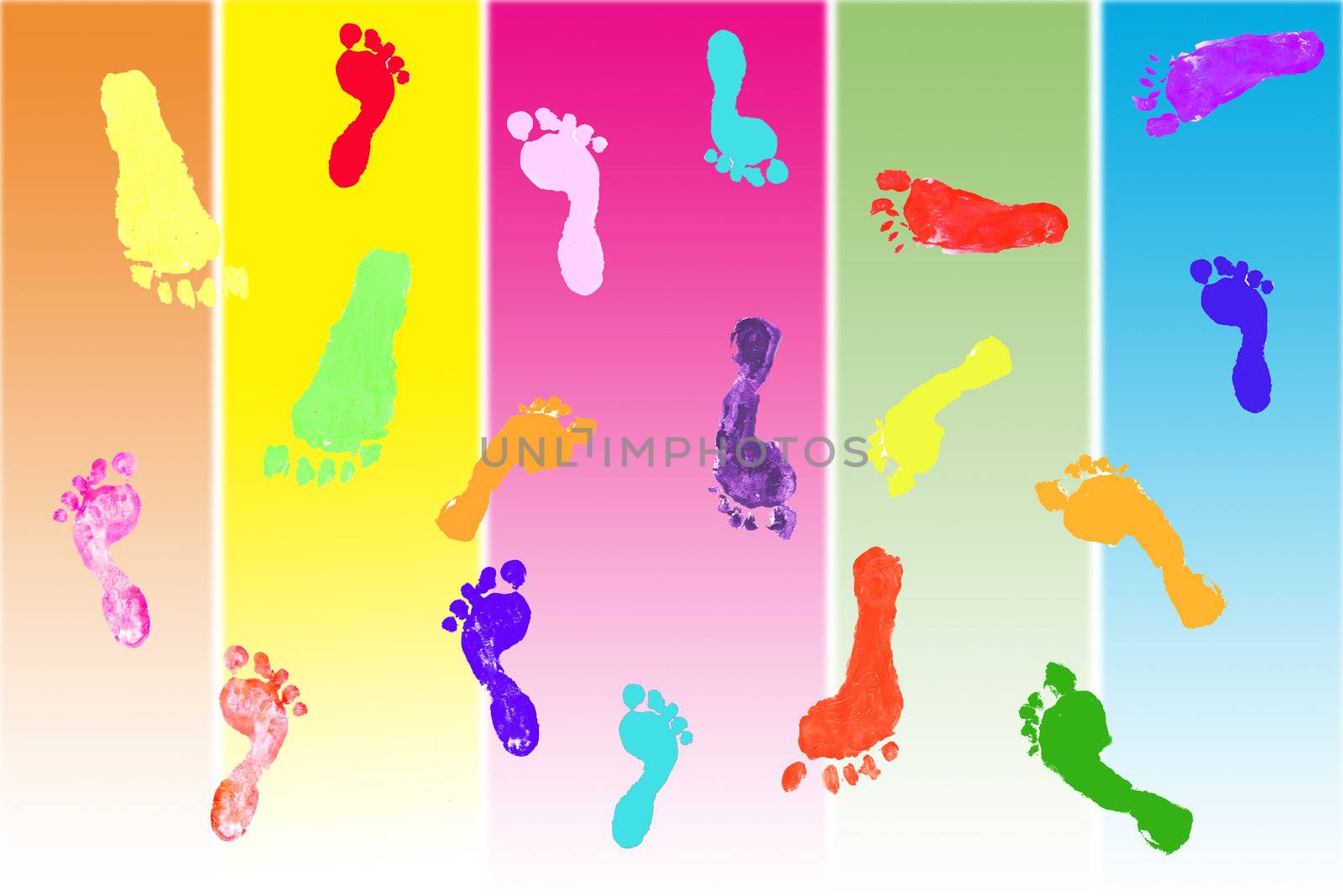 Actual footprints made by children on colorful background