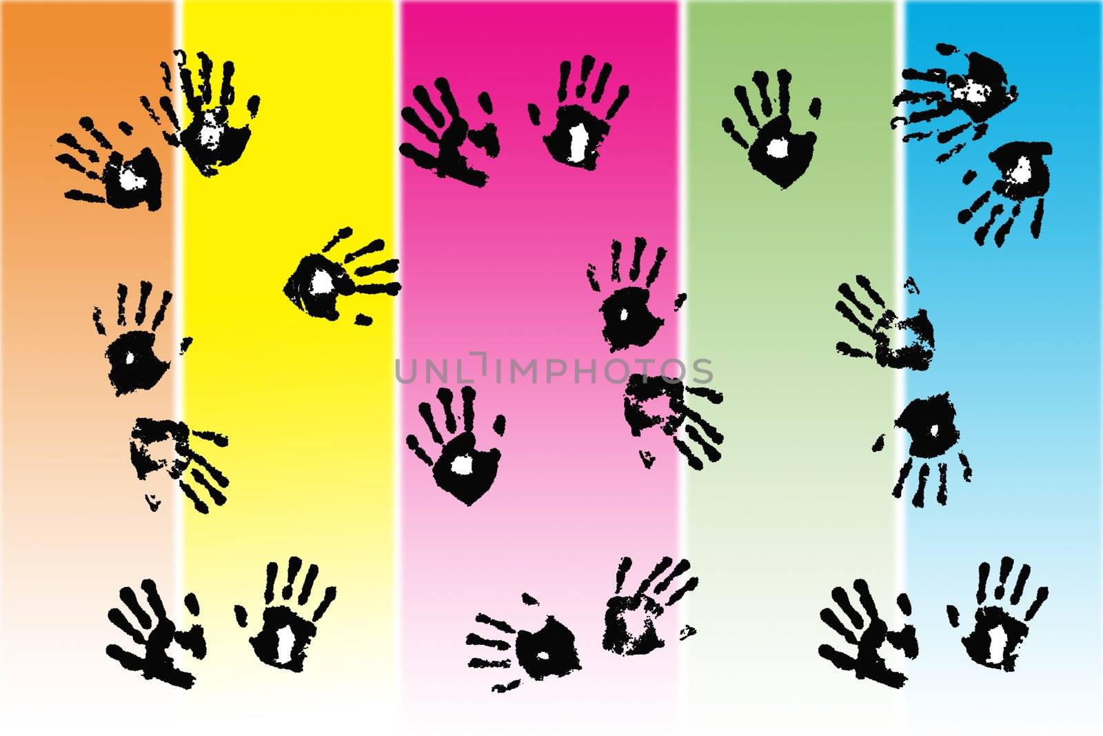 Black handprints  of children on colorful pastel stripes;