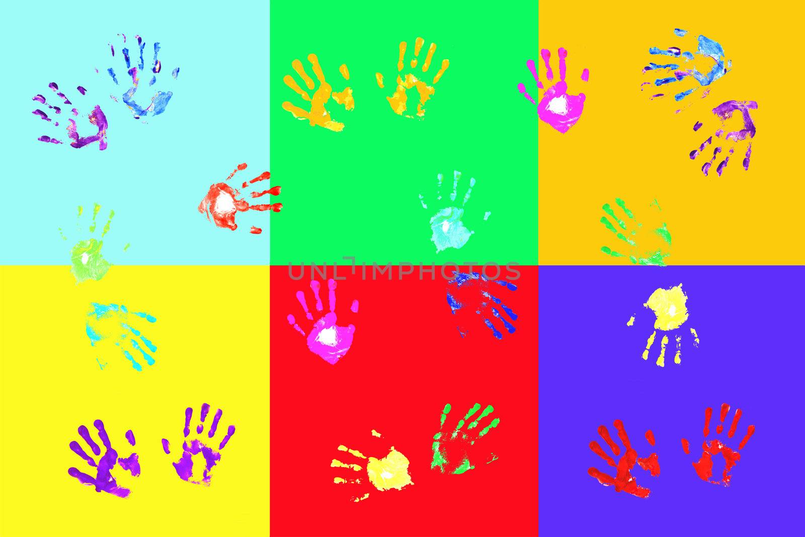 Colorful handprints made by children on bold colorful blocks;