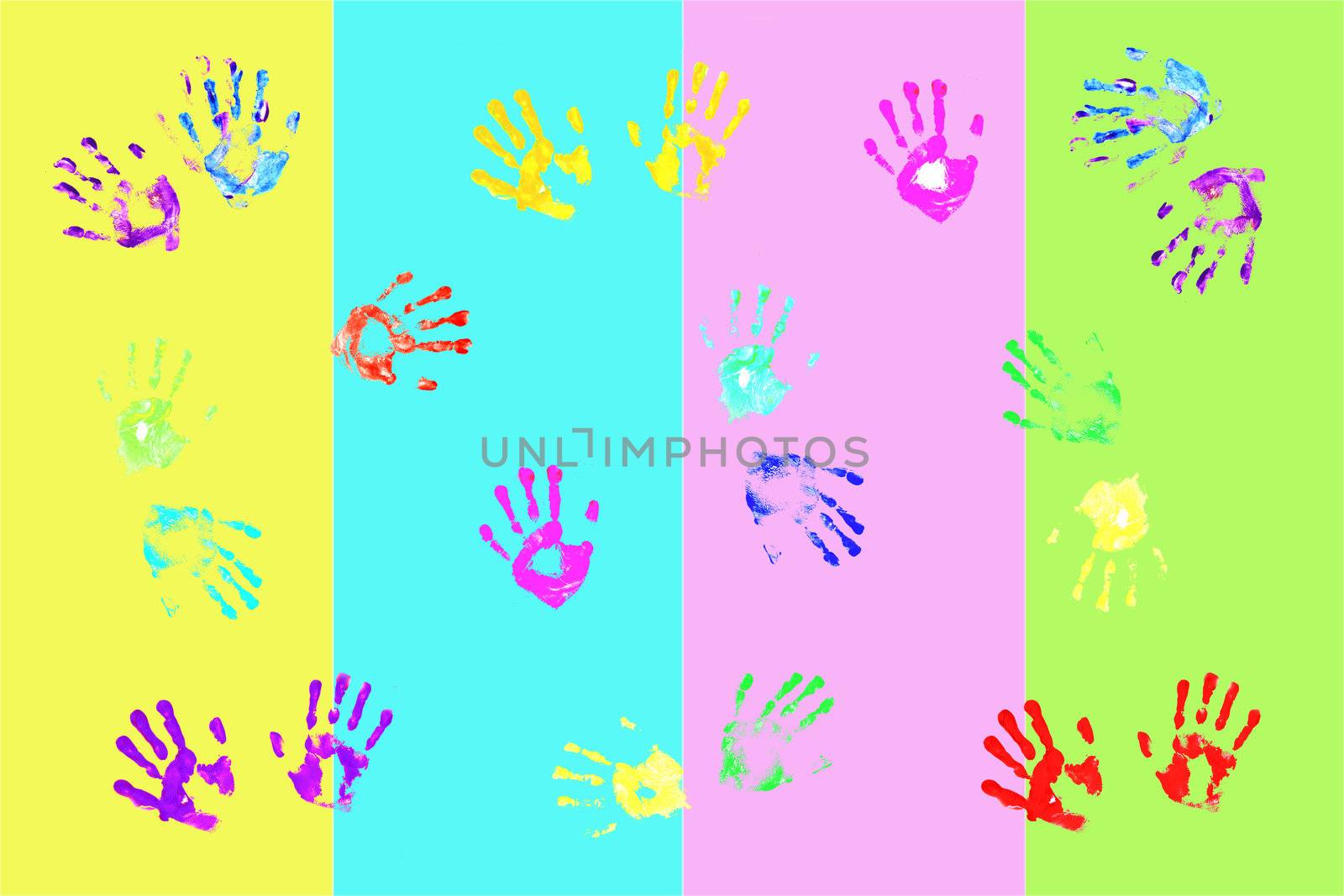 Actual handprints made by children on colorful background

;
