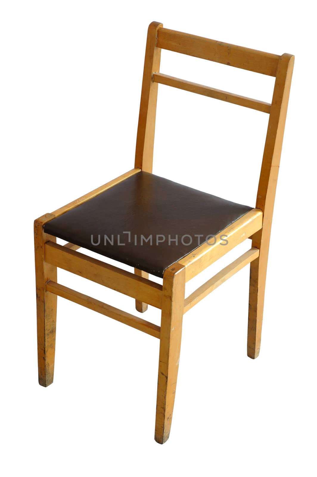 Old school wooden scratched chair on isolated background.