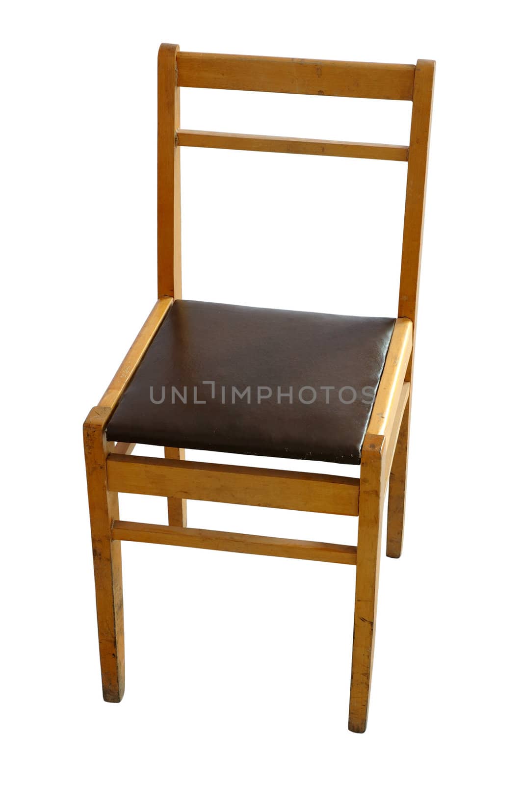 Old school wooden scratched chair on isolated background.